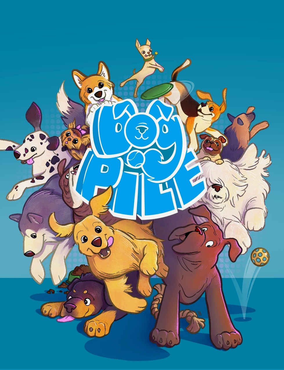 Group of animated dogs and a cat with a large blue
