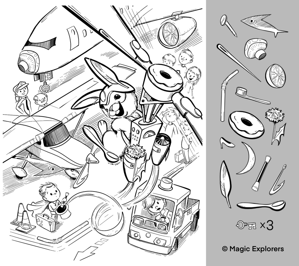 Line drawing of a rabbit with a hat flying near an airplane, with various objects and people around, and a separate section of small items.