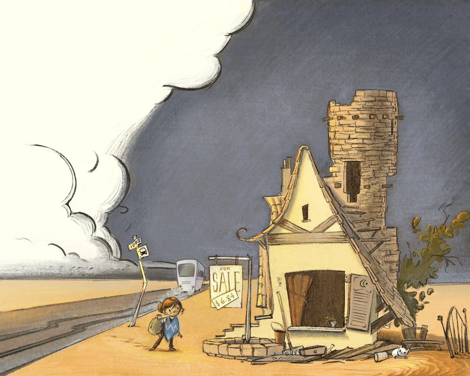 Child walking past a damaged house with a 'SALE' sign, dark stormy sky in the background.