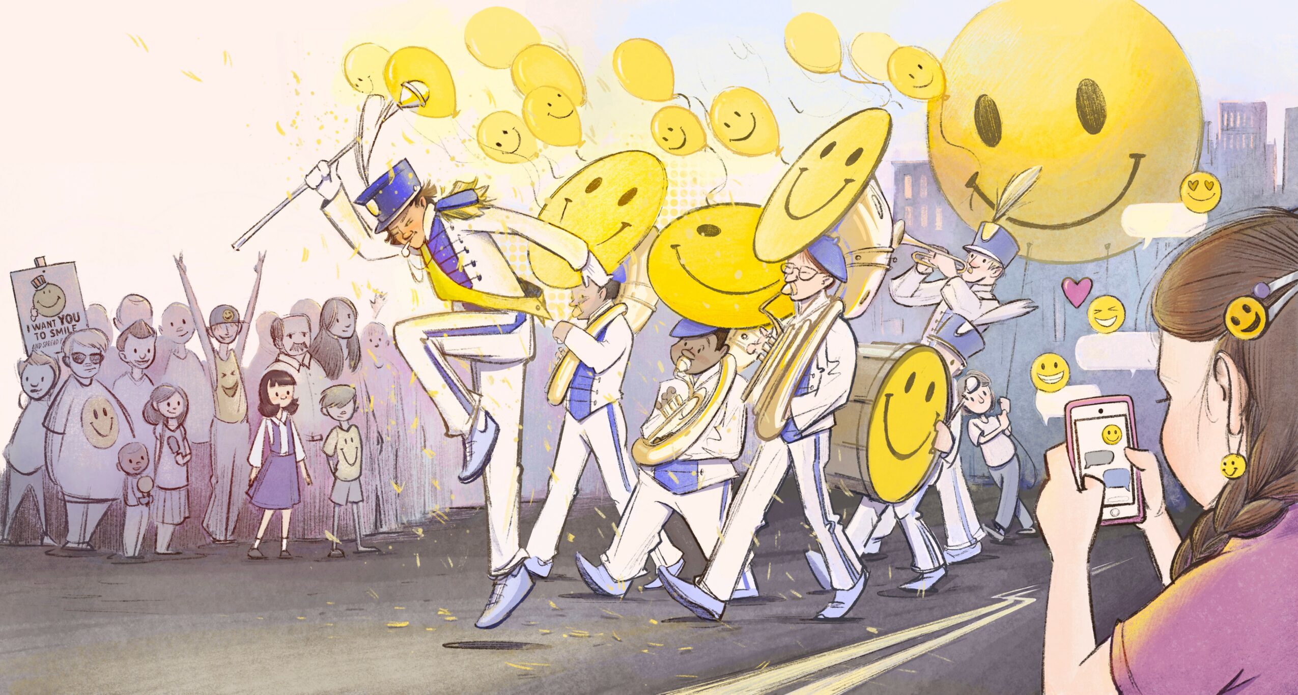 People with large yellow smiley face balloons and performers in white suits with yellow smiley faces, crowd watching, woman taking photo