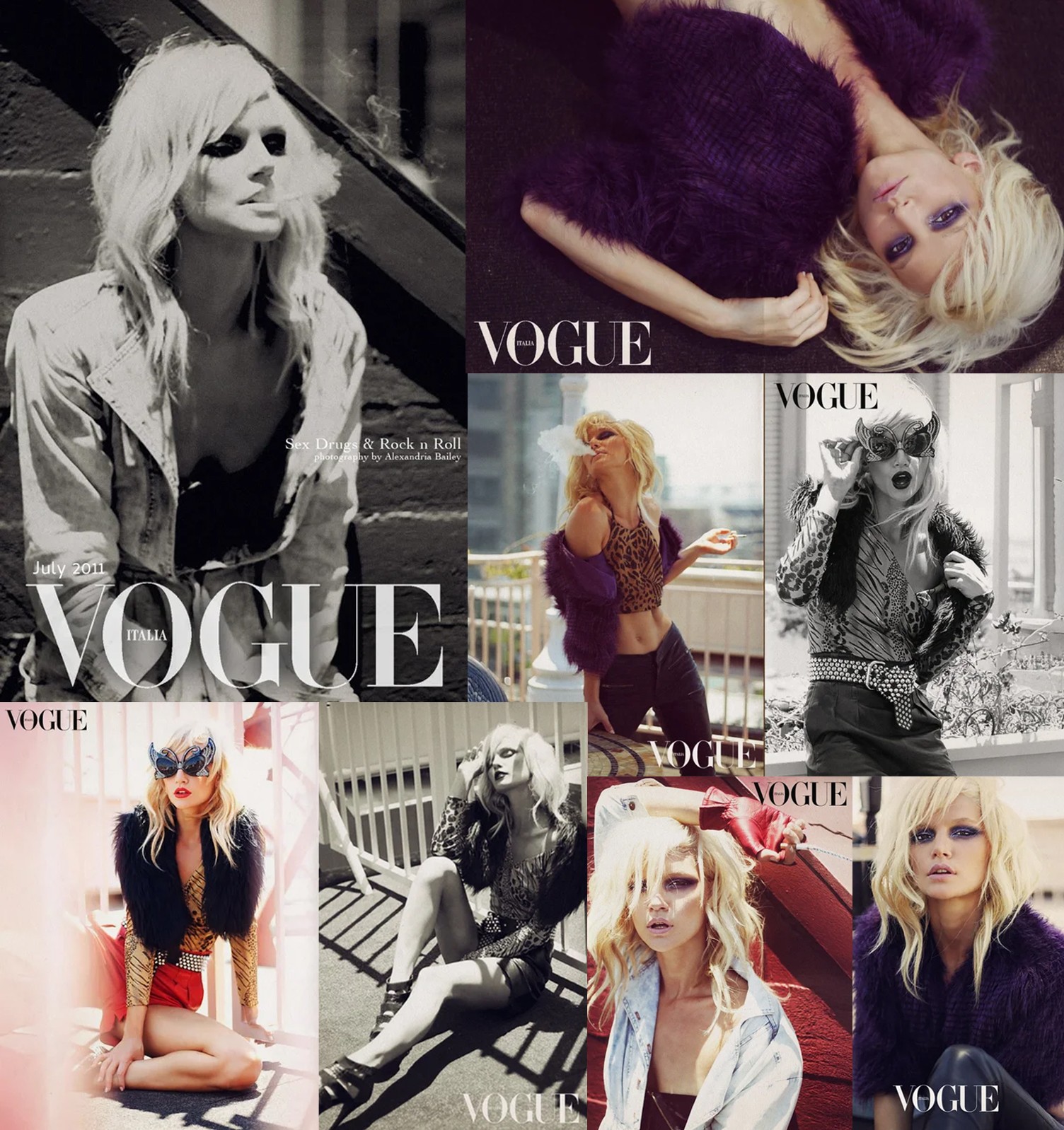Collage of women with blonde hair in various poses, some in black and white, some in color, with Vogue logos.