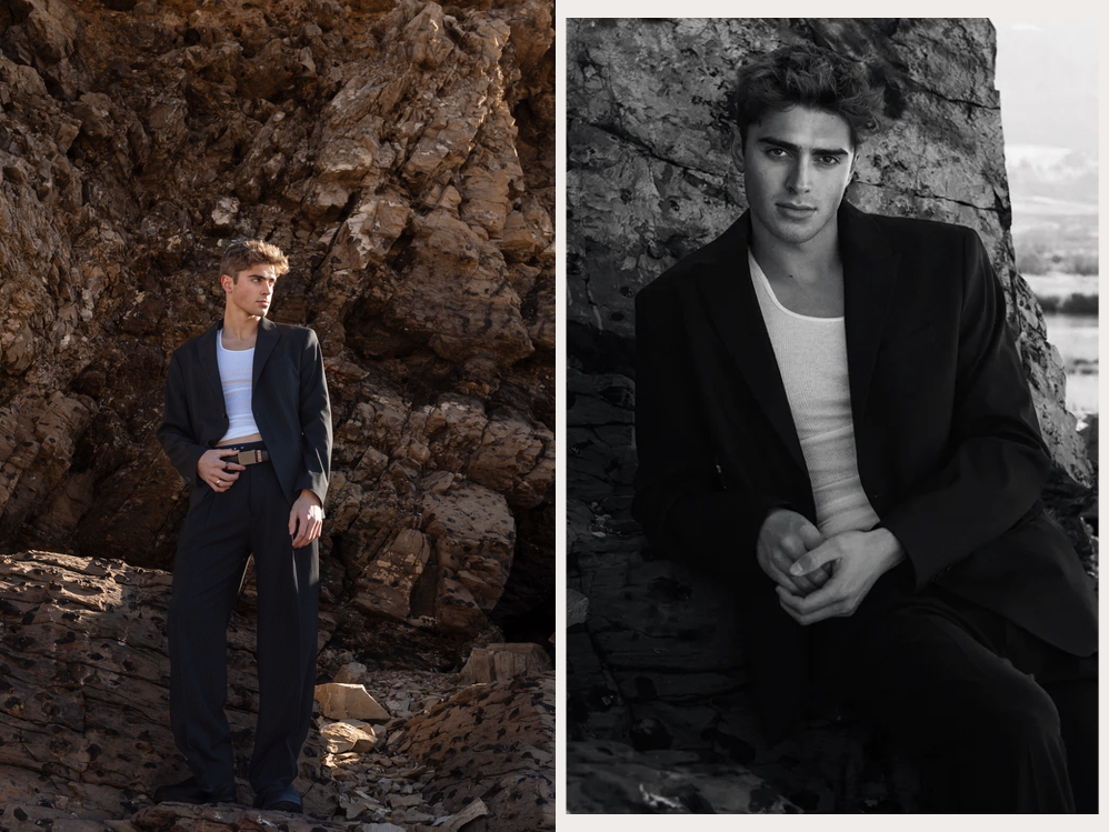 Two images of a young man in a suit, one outdoors with rocks, one in black and white, seated against rocks.