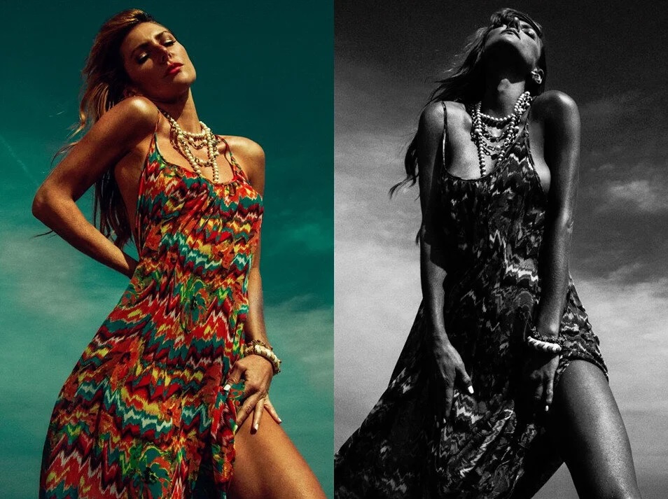 Side-by-side images of a woman in a colorful dress, one in color and one in black and white, outdoors.