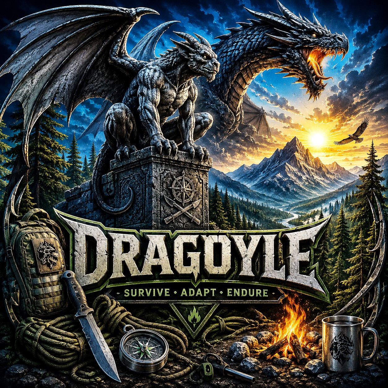 A dragon statue with wings, a mountain landscape, and a campfire with camping gear in foreground.