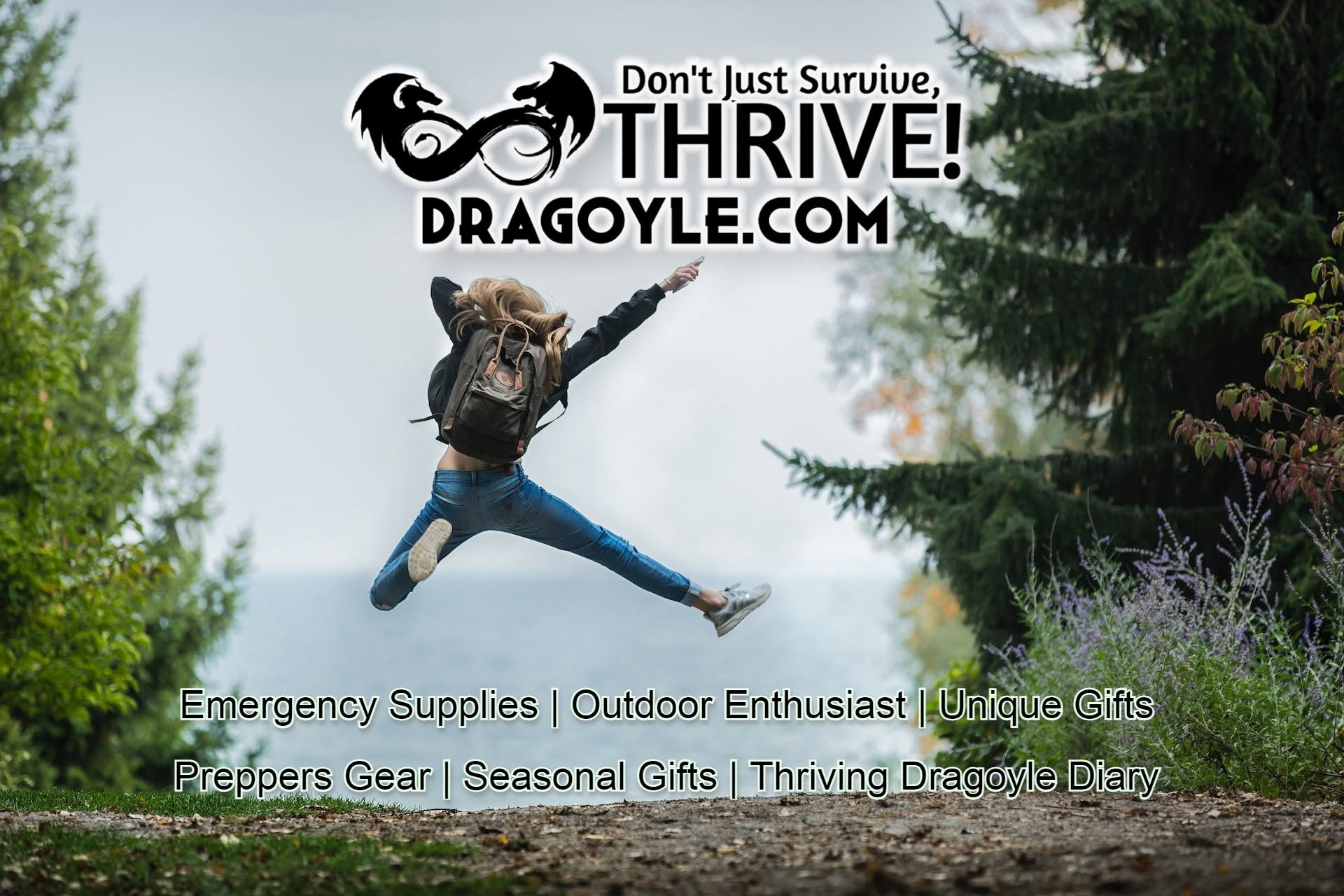Person wearing a bear mask jumping outdoors with trees and plants in the background, promoting survival and outdoor gear.