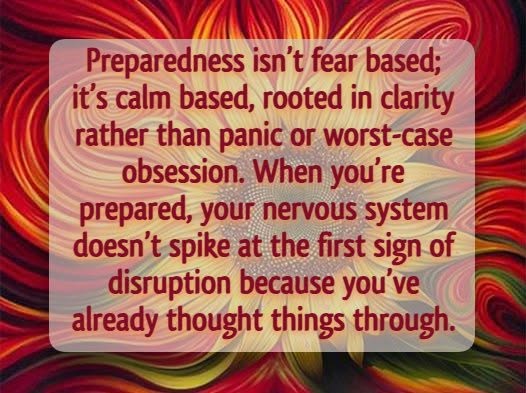Text on colorful swirling background about preparedness and calmness, emphasizing clarity over panic.