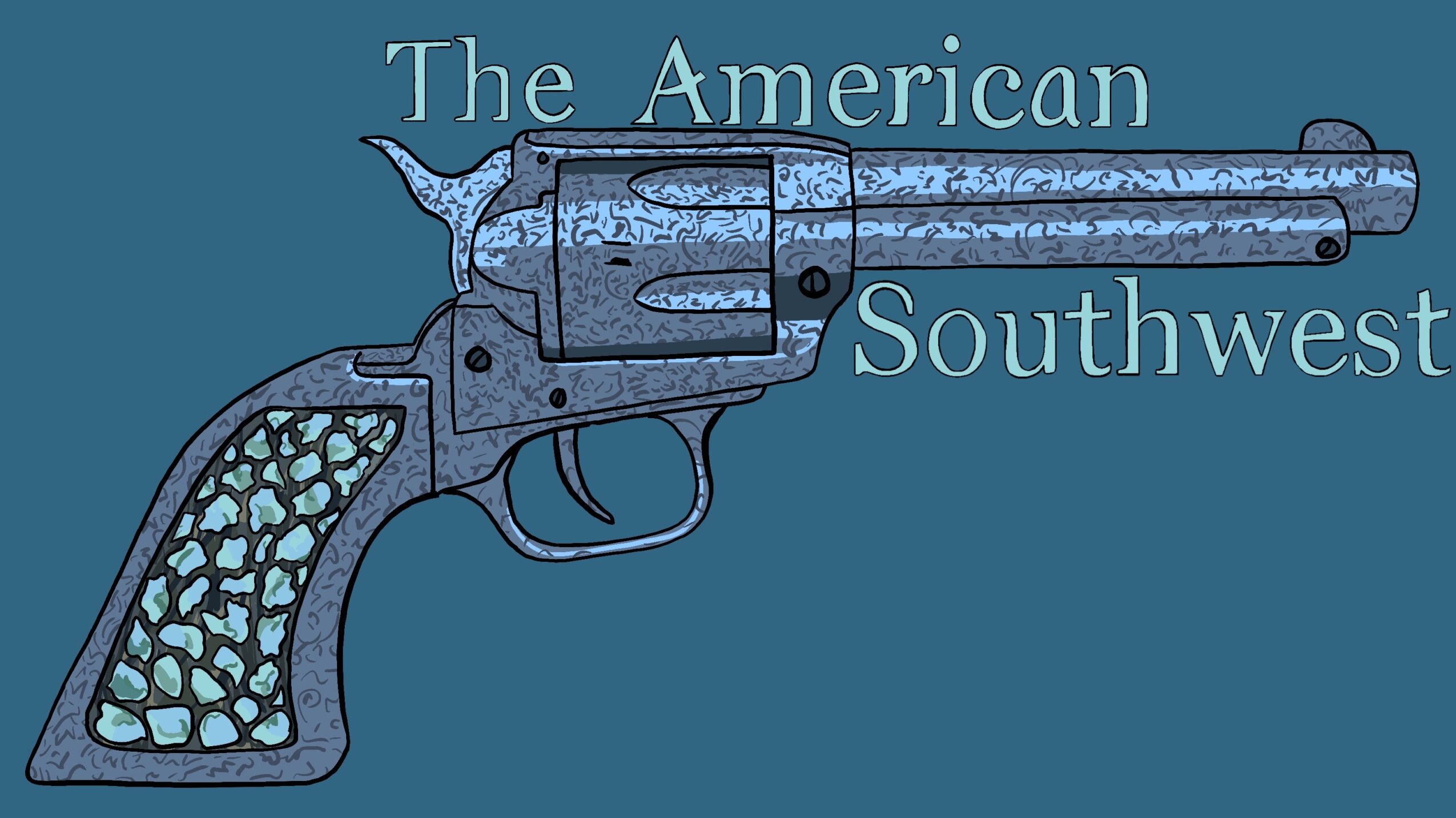A revolver illustration with text 'The American Southwest' on a blue background.