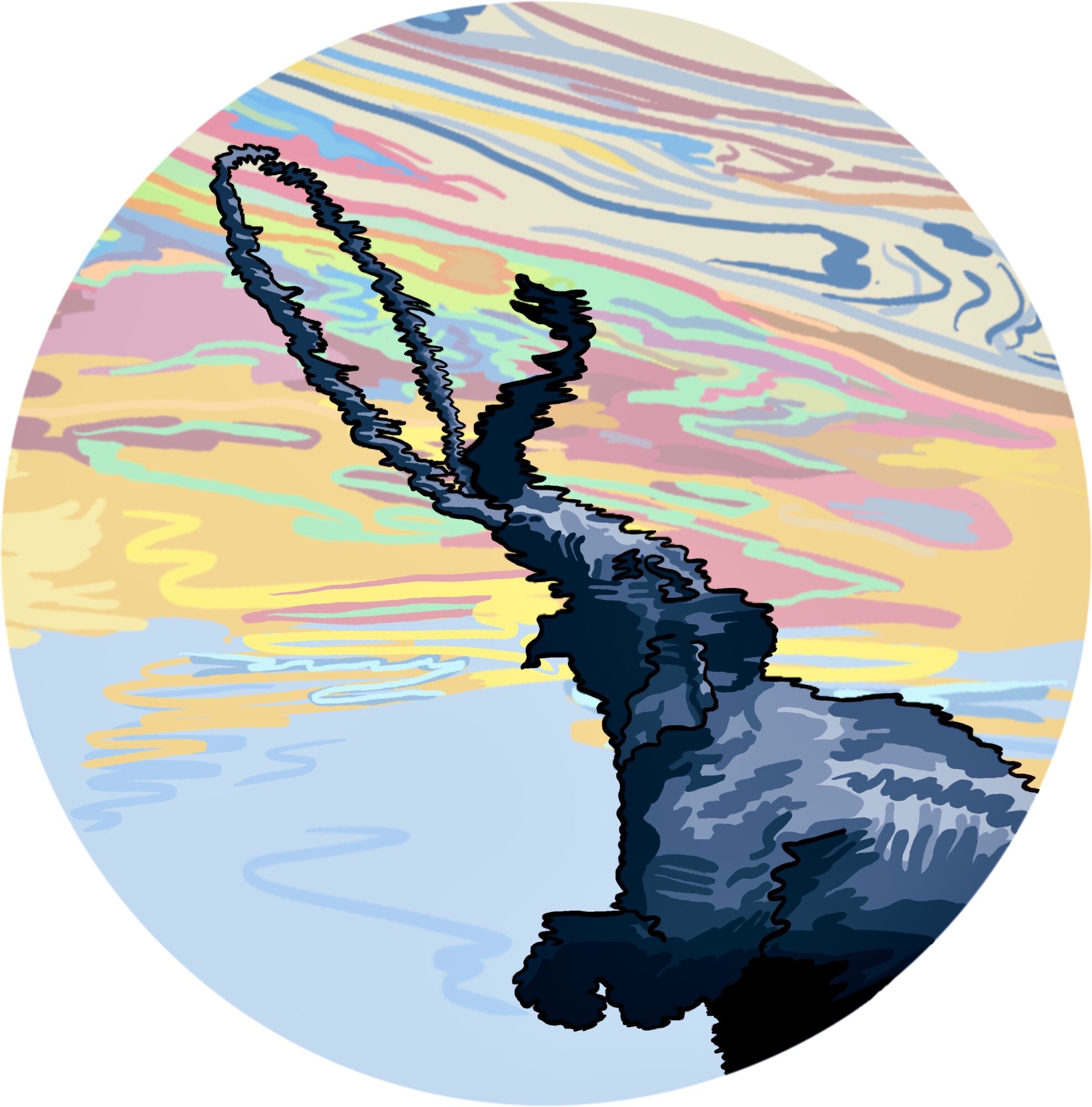 A stylized rabbit with long ears sitting on a colorful, abstract background with pastel sky and water reflections.