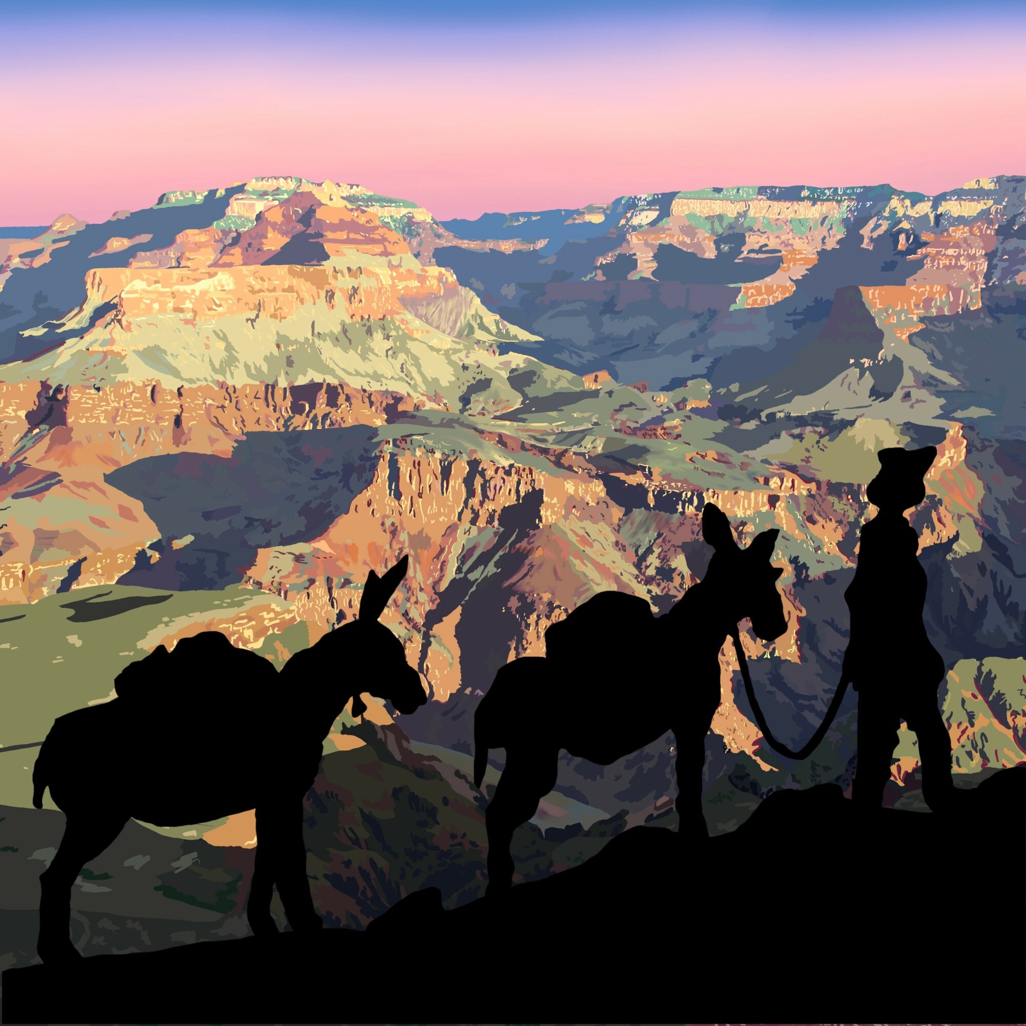 Silhouettes of a person and two donkeys against a canyon landscape at sunset or sunrise.