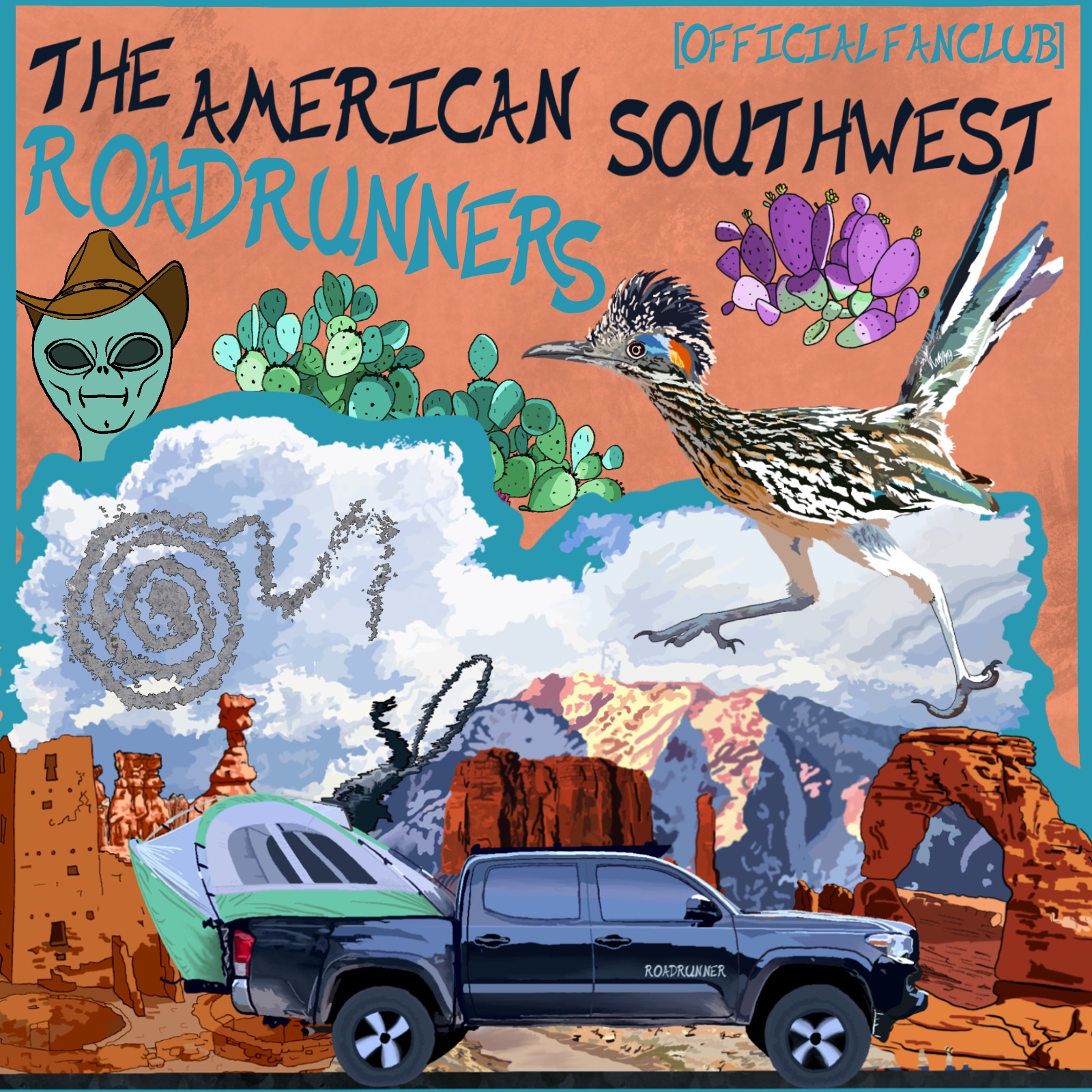 Illustration of a southwestern landscape with a truck, bird, cacti, mountains, and colorful text, on an orange background.