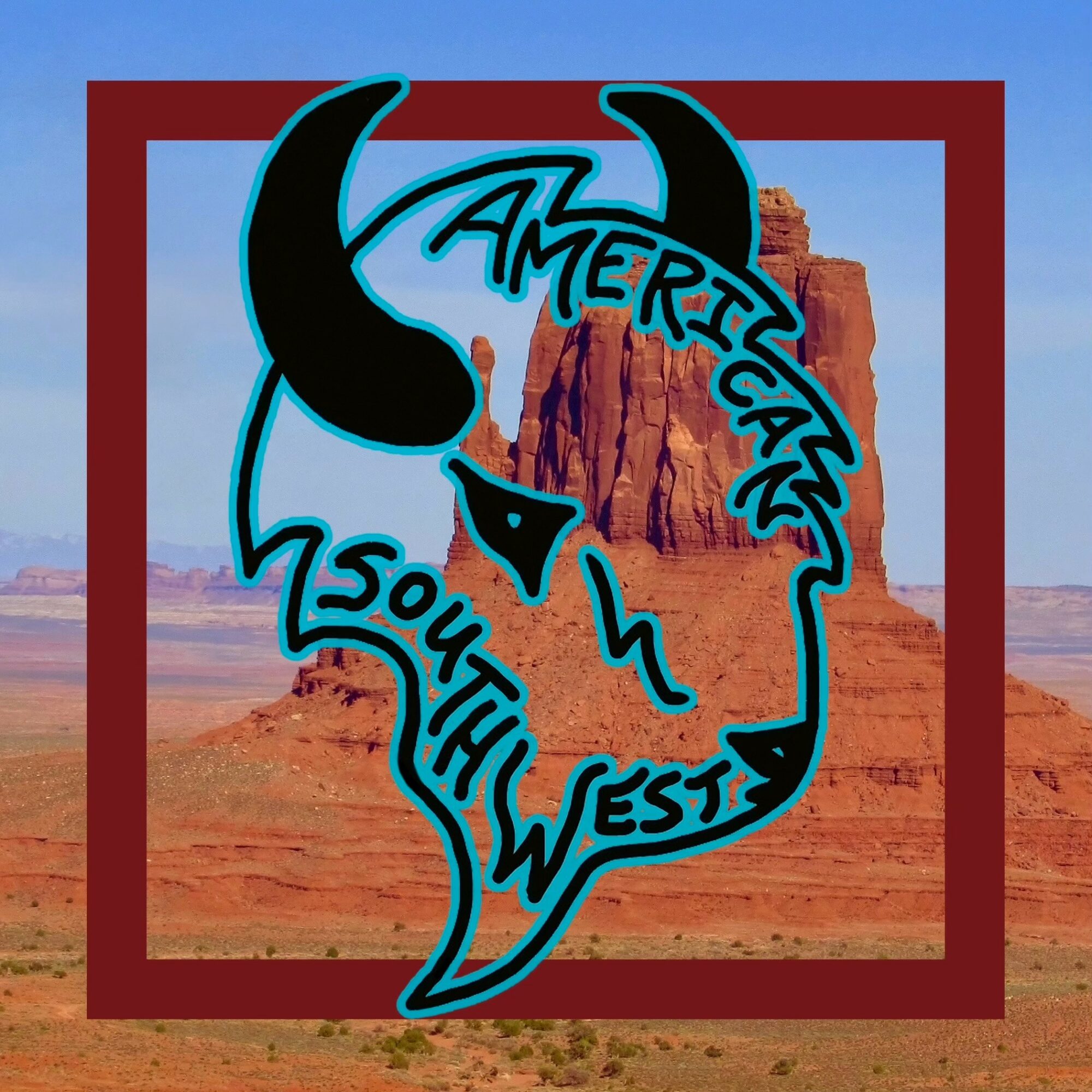 Illustration of a stylized buffalo skull with text 'America's South West' over a desert landscape with rock formations.