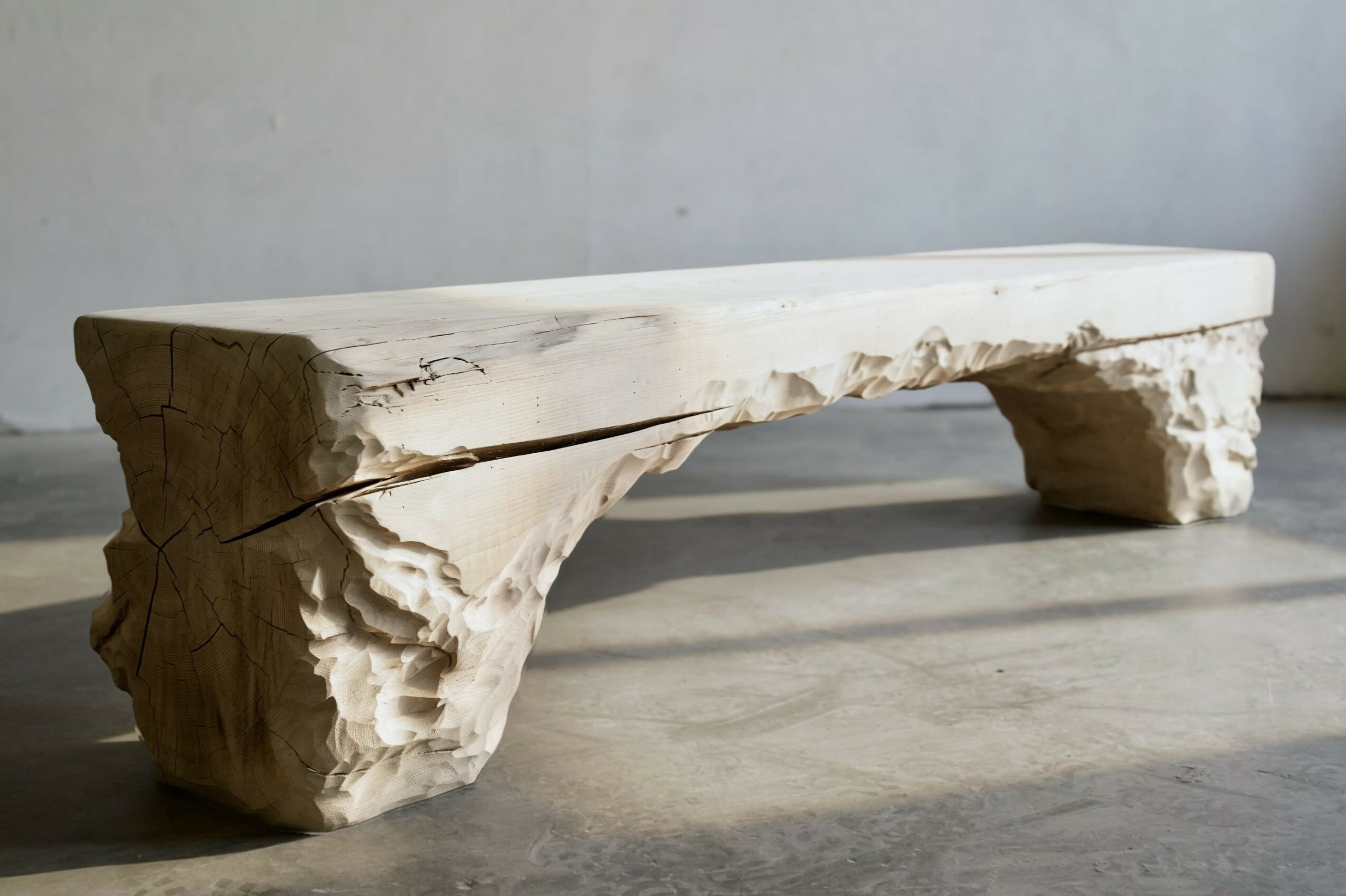 A white marble bench with rough, natural edges and textured legs, placed on a concrete floor against a plain wall.