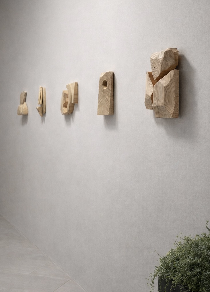 Series of wooden abstract sculptures mounted on a white wall, increasing in size from left to right, with a small green plant at the bottom right corner.