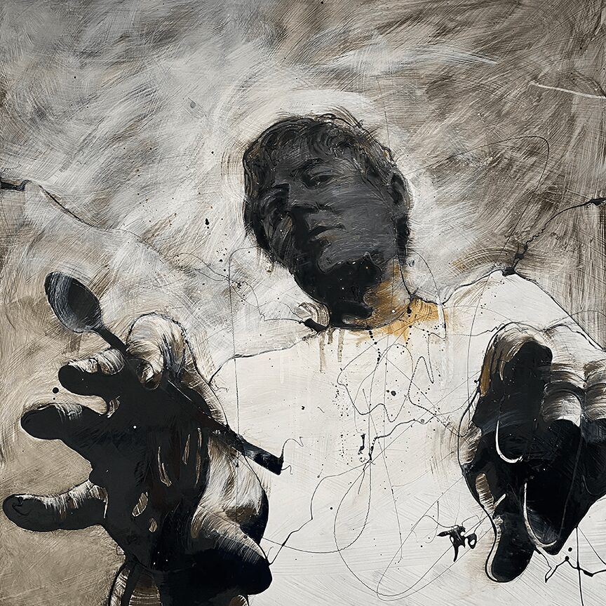 Painting of a person with dark hair, reaching out with both hands, holding a paintbrush, against a textured background.