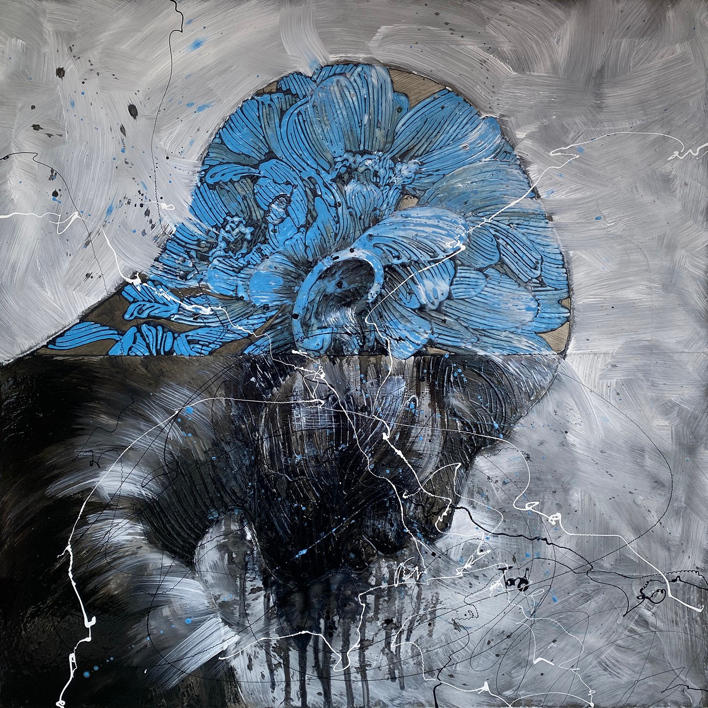 Abstract painting with a blue flower-like shape on a gray background, black and white splashes, and drips.