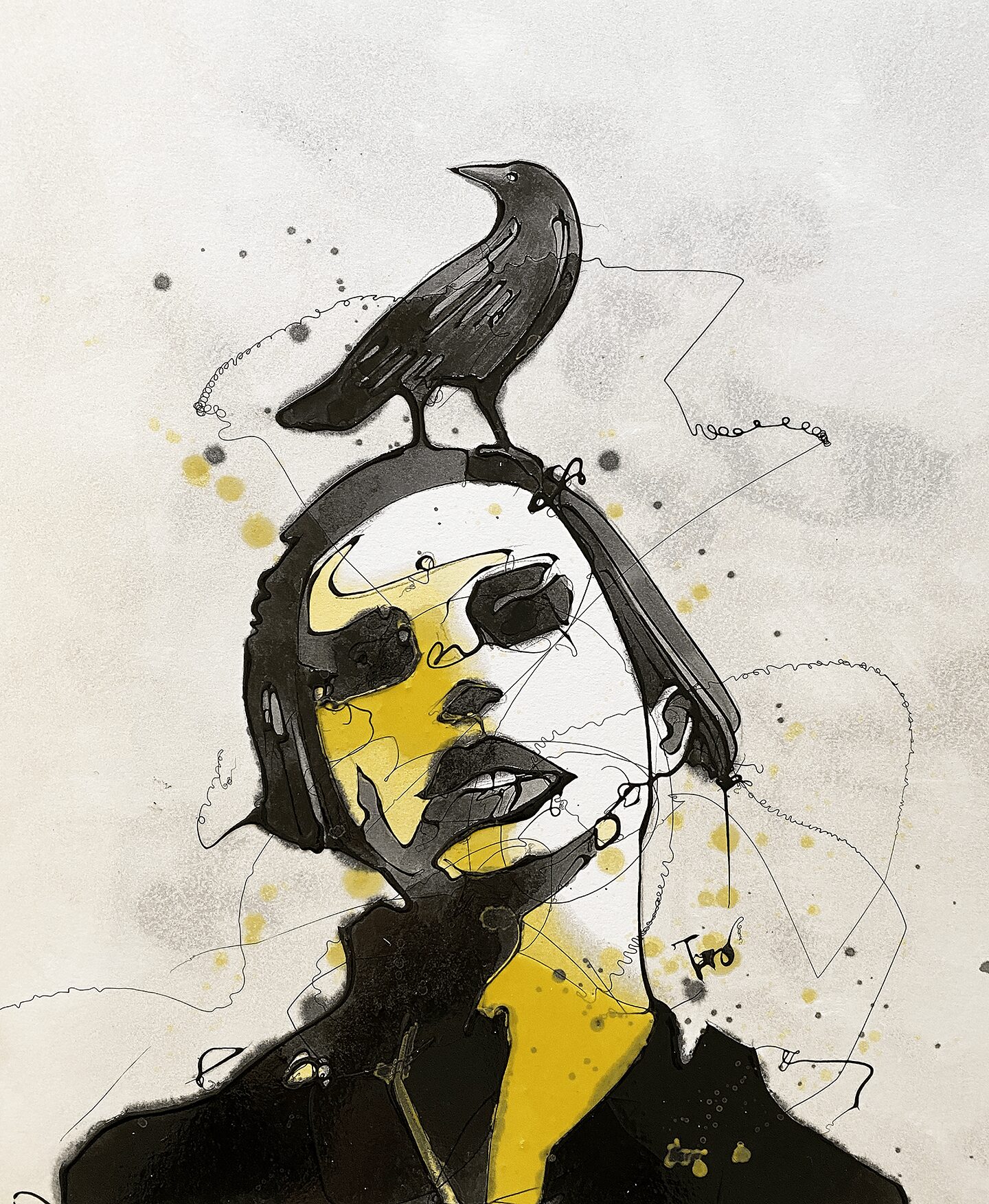 Sketch of a woman's face with a bird on her head, using black and yellow ink splashes, with abstract lines and dots.
