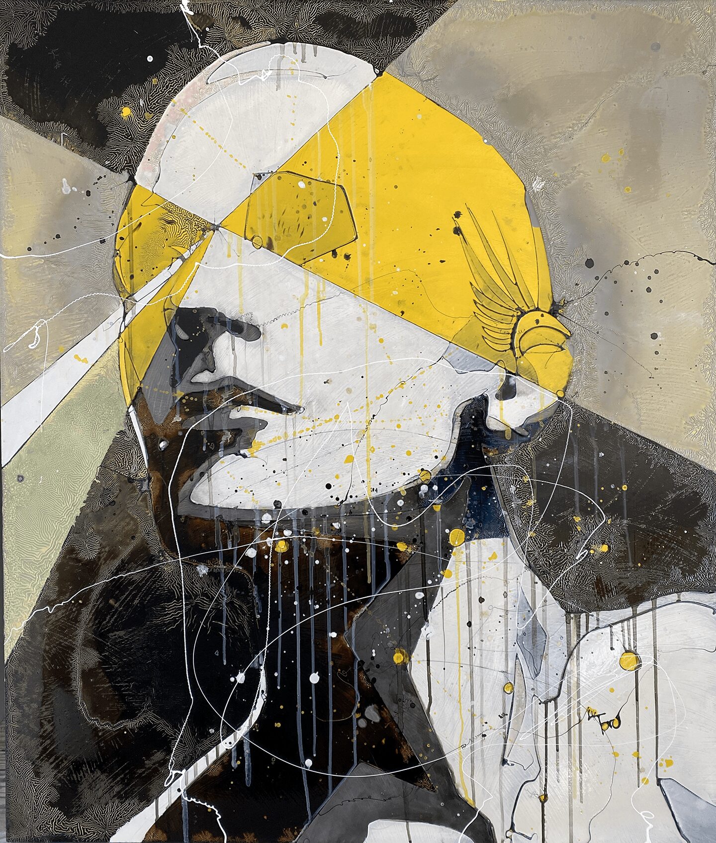 Abstract portrait of a person with yellow head covering, black and white face, and hand near face, with paint splatters.