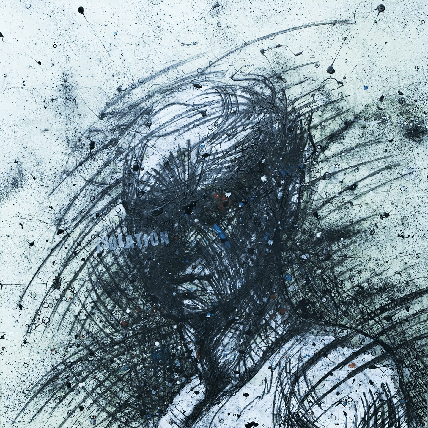 Abstract sketch of a person's face with messy hair, using black lines and splatters on a light background.