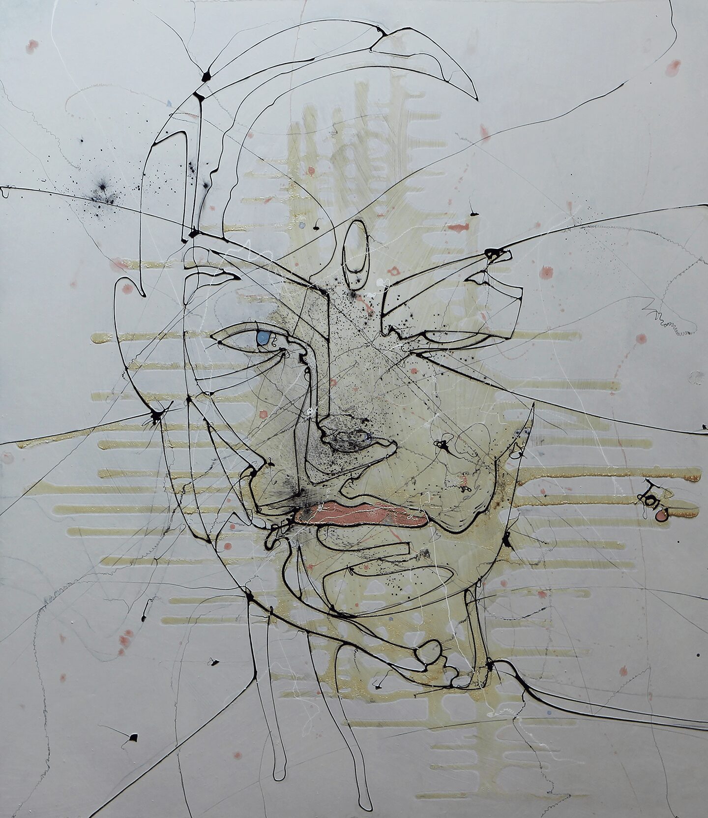 Abstract line drawing of a person's face with glasses, lips, and facial features, on a light background with splatters and lines.