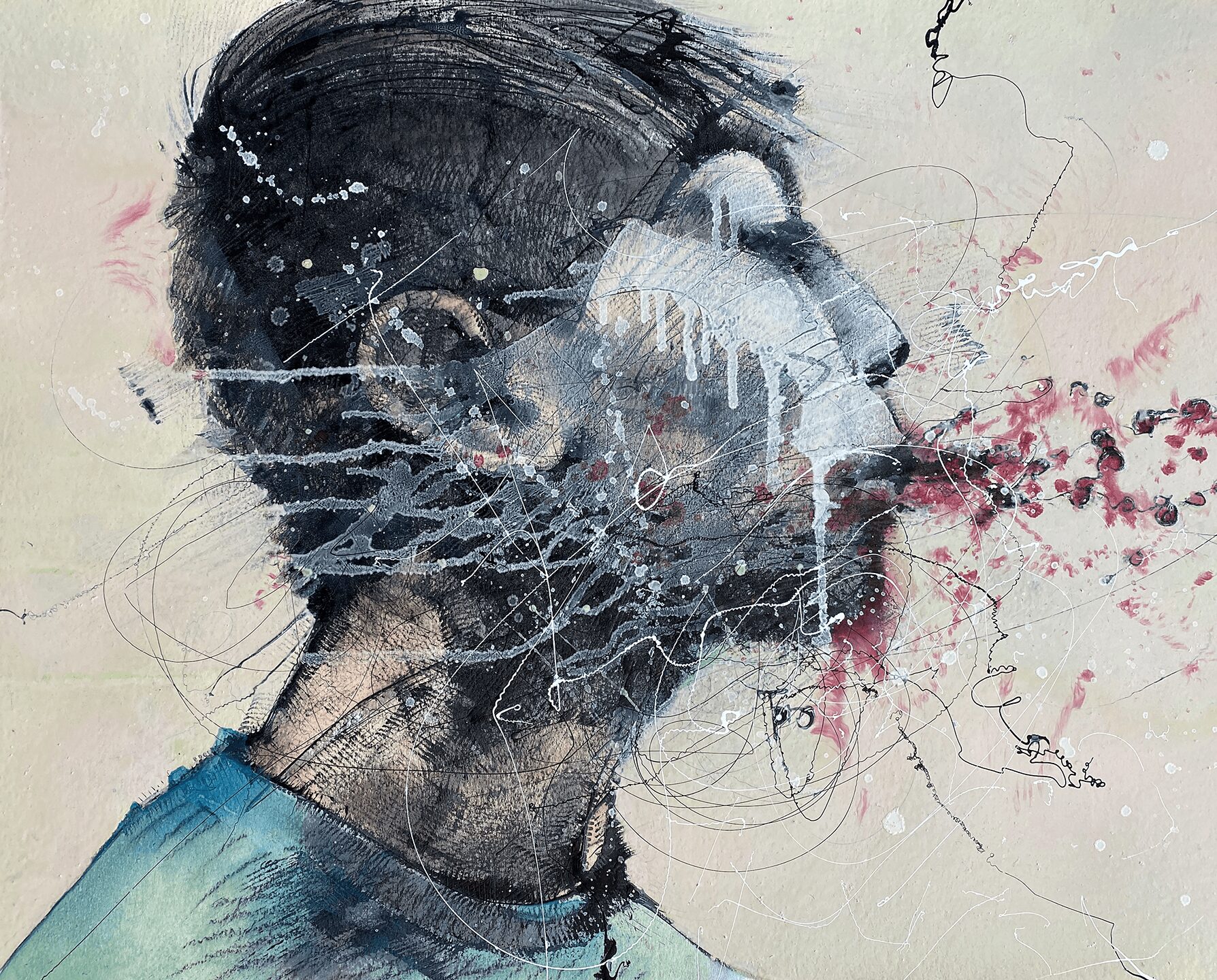 Abstract portrait of a person with dark hair, face in profile, with paint splatters and lines across face and background.
