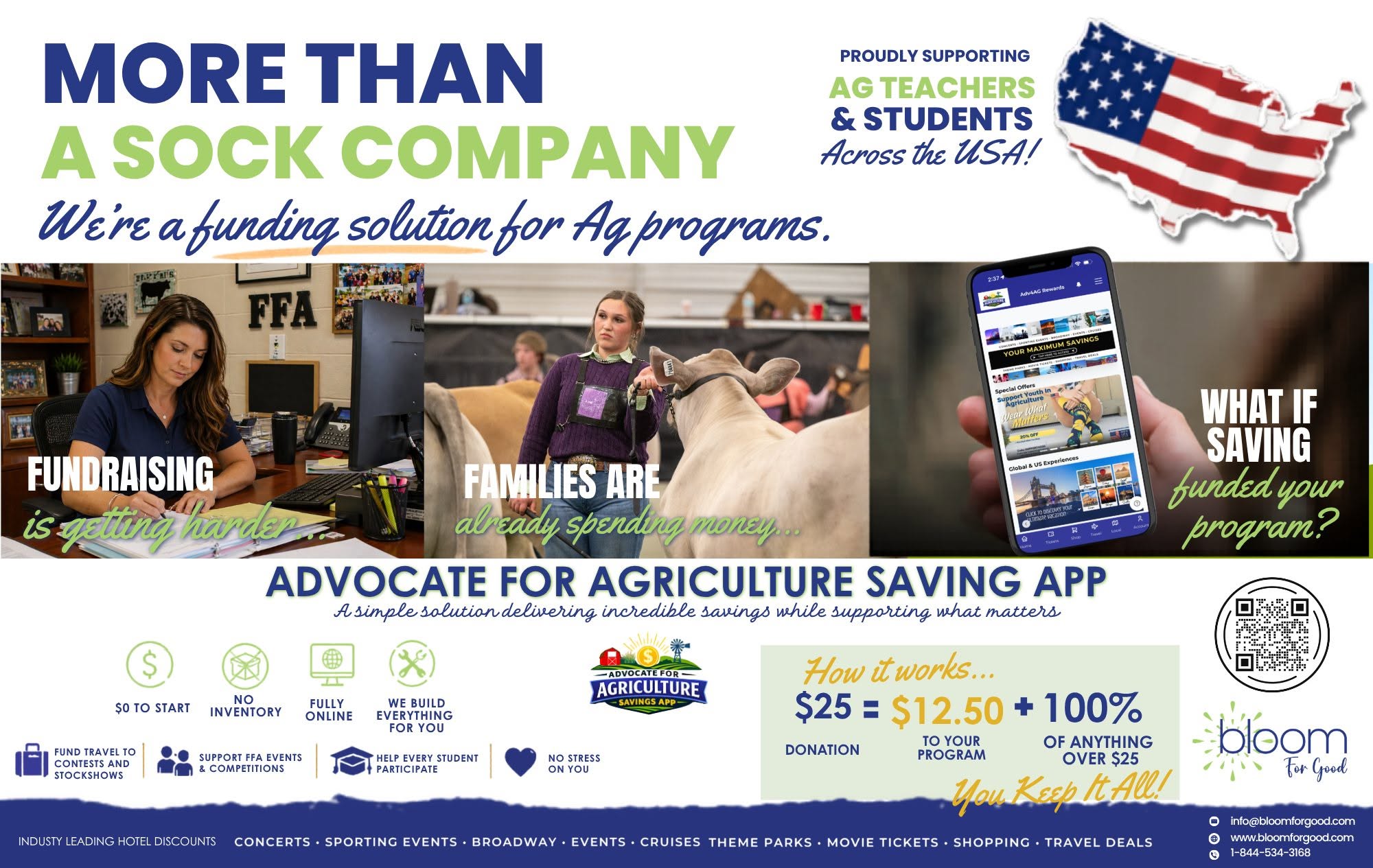 Banner with text about a sock company supporting agriculture and education, featuring people using devices and a US flag, with donation details.