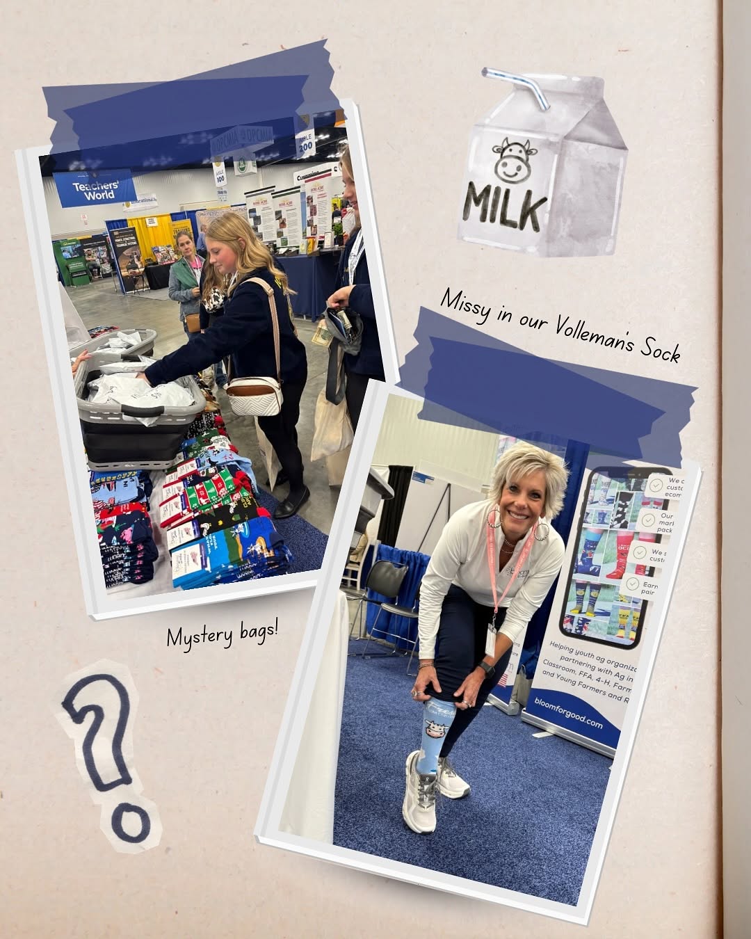 Two photos of children at a school event, one sitting at a table with mystery bags, the other standing and smiling, with a milk carton drawing and handwritten notes.