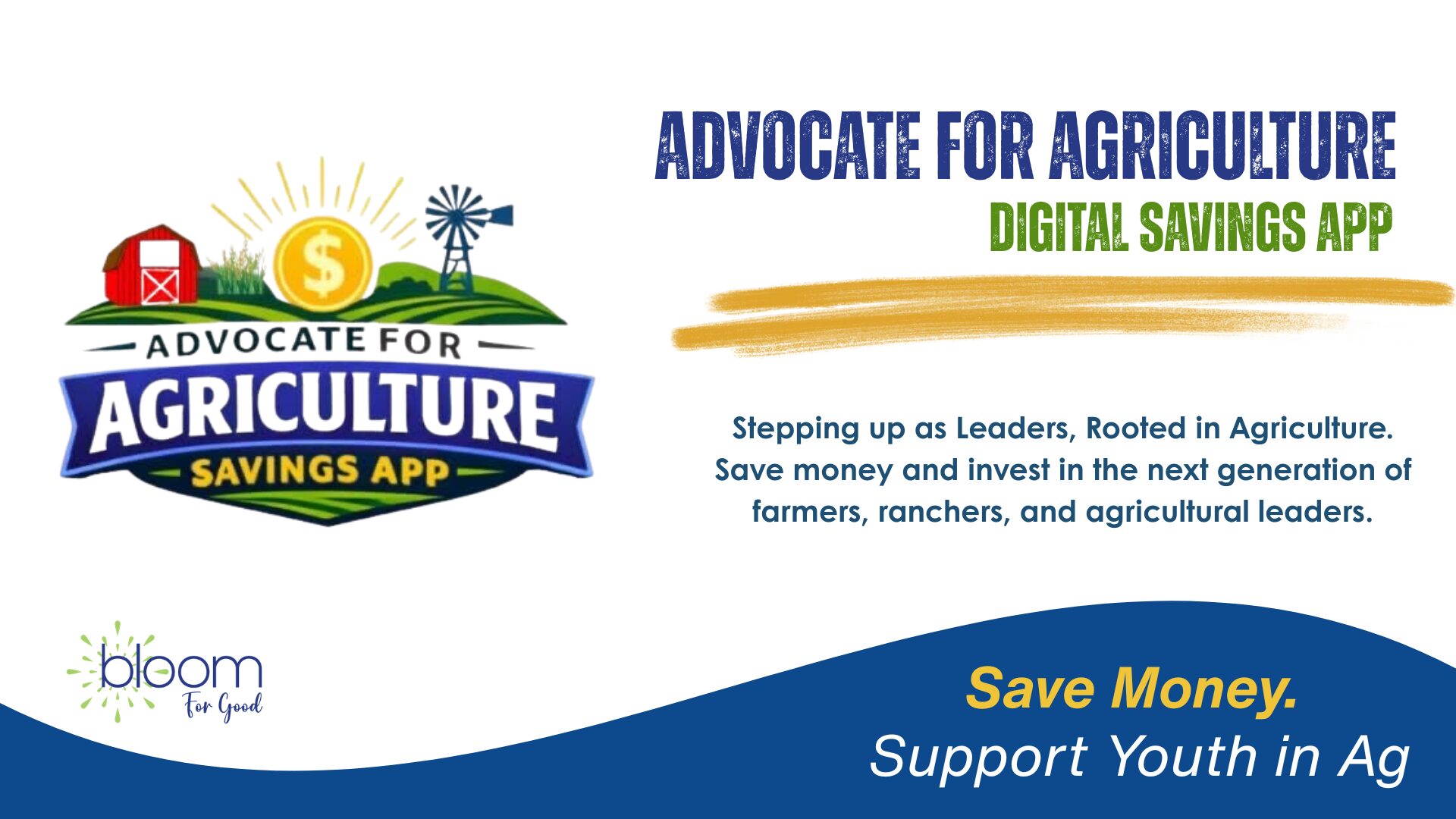 Advertisement for agriculture savings app promoting youth support and digital savings, with a farm scene and text.