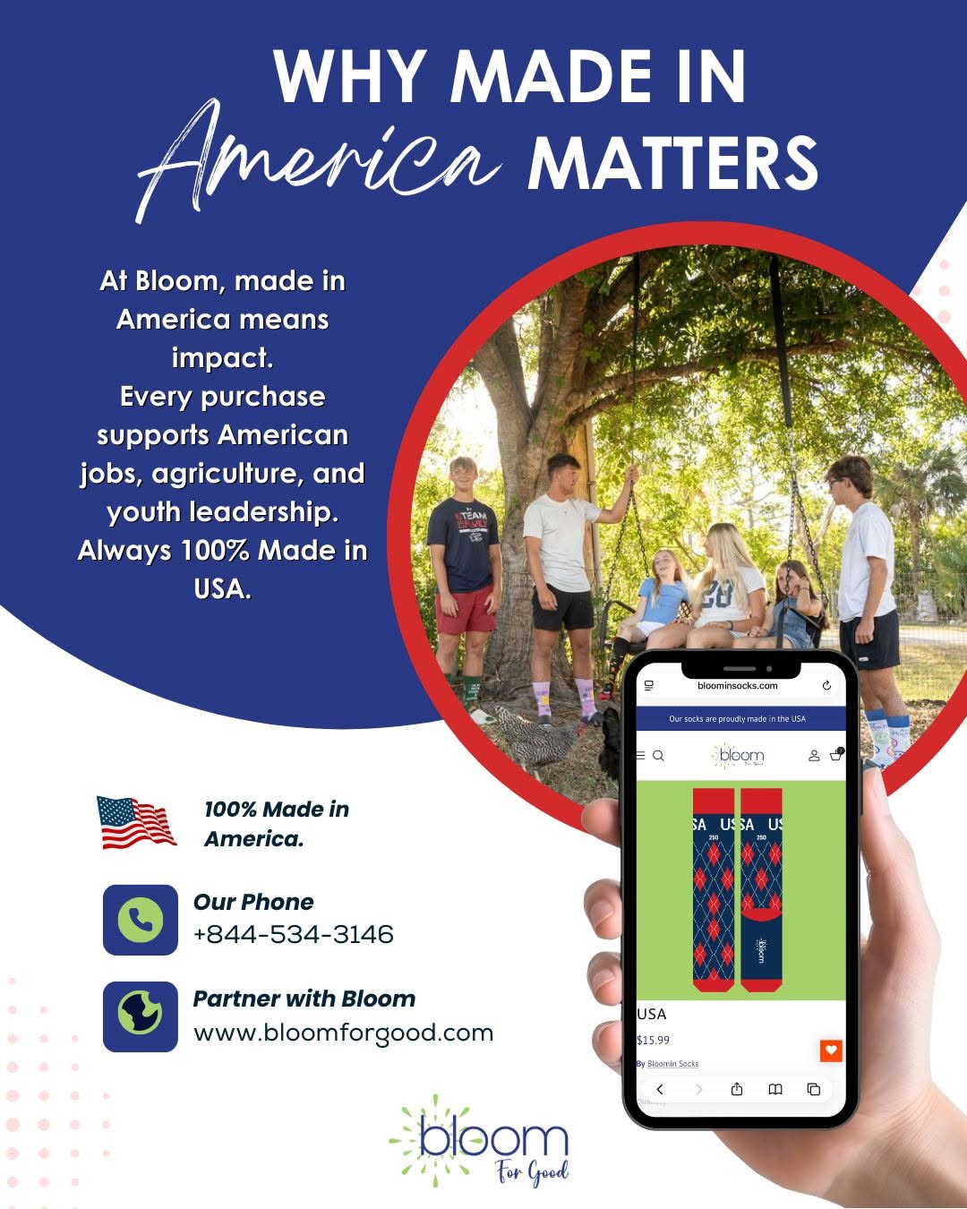 Group of children outdoors with a tree, with a smartphone showing a colorful sock pattern, and text about American-made products.