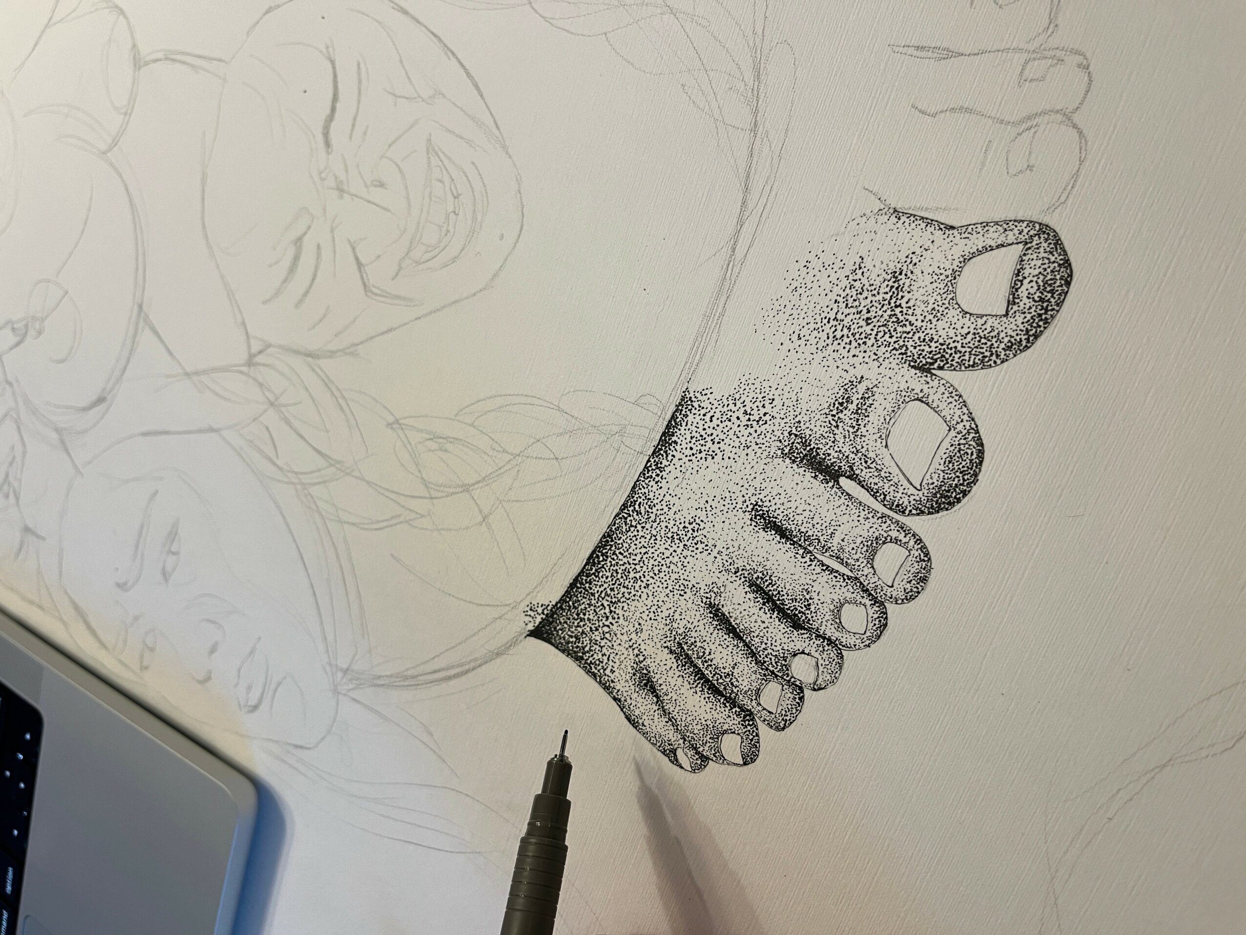 Detailed black and white drawing of a foot with toes, partially shaded, on paper with faint sketches in background.