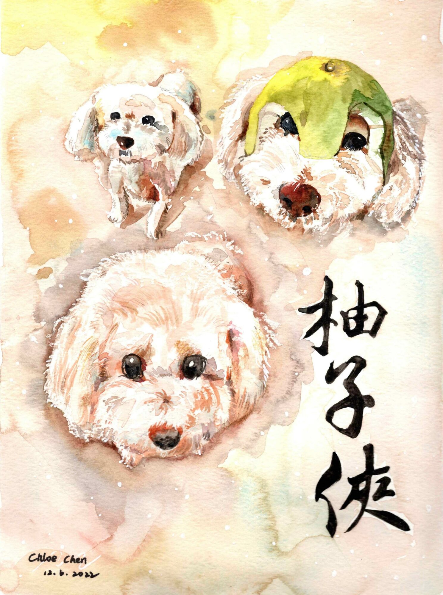 Three cute dogs with watercolor background and Chinese characters beside them.