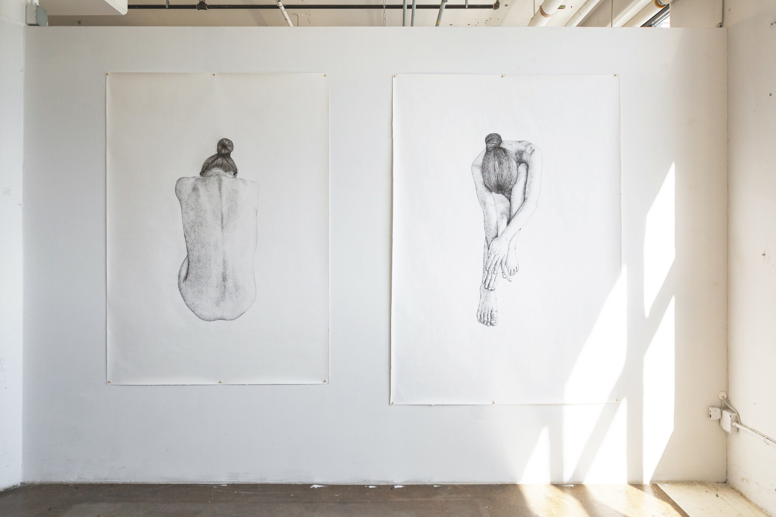 Two large sketches of human figures on white walls in an art gallery, with sunlight casting shadows on the right side.