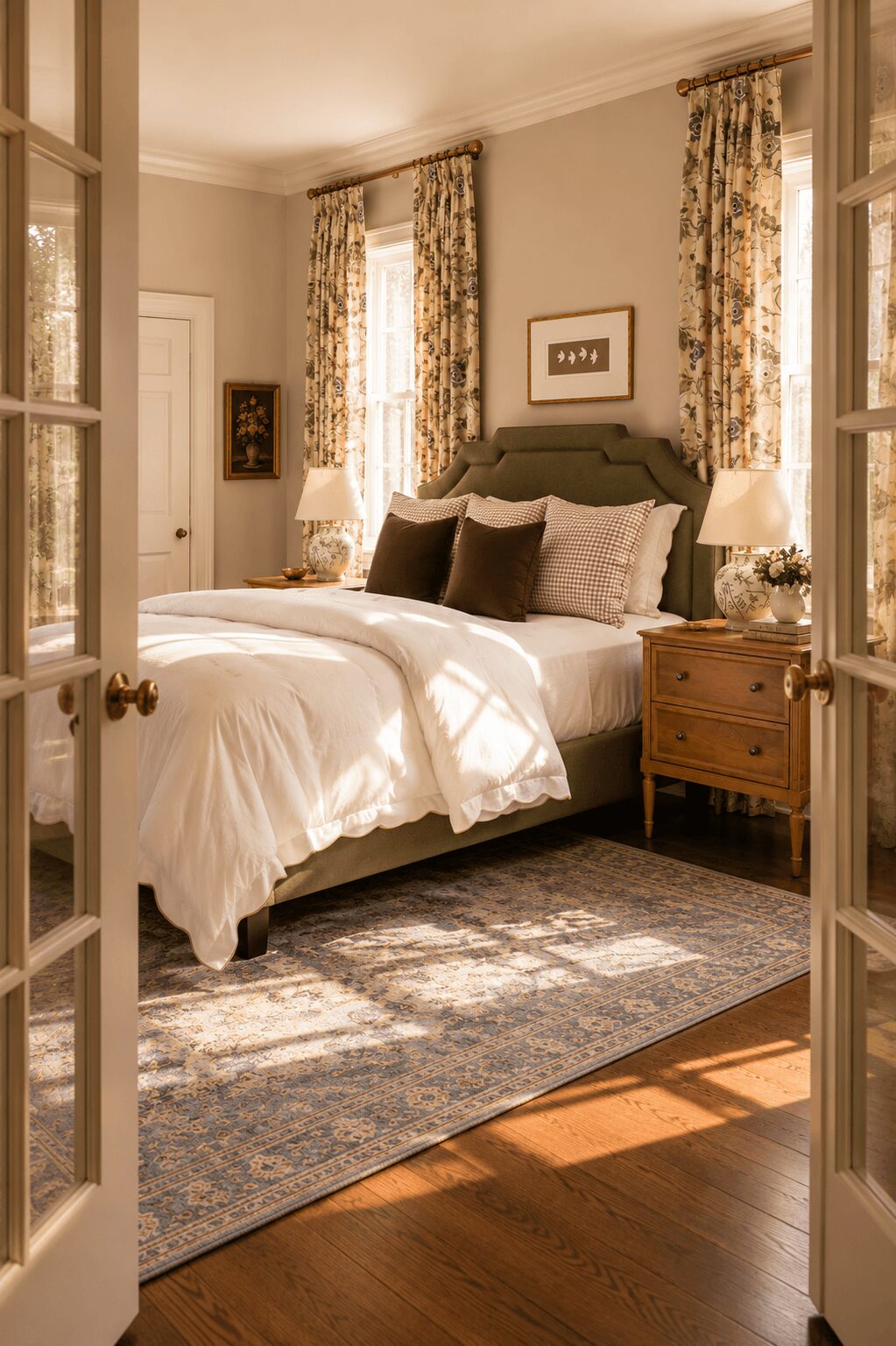 Bedroom with bed, nightstand, lamps, and windows with floral curtains, viewed through glass-paneled door.