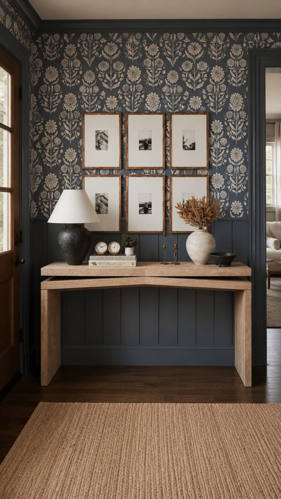 Wooden console table with a lamp, a vase with dried flowers, and decorative objects, against a patterned wallpapered wall with framed pictures.