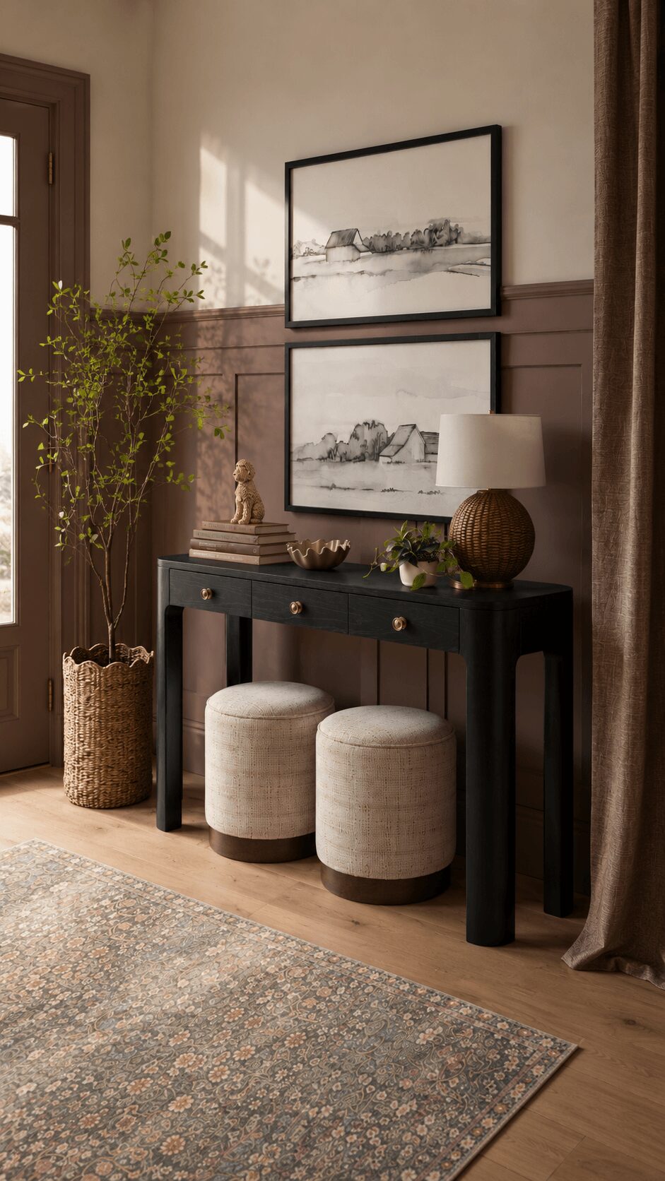 Interior scene with a black console table, two round stools, framed black-and-white landscape photos, and a table lamp, near a window.