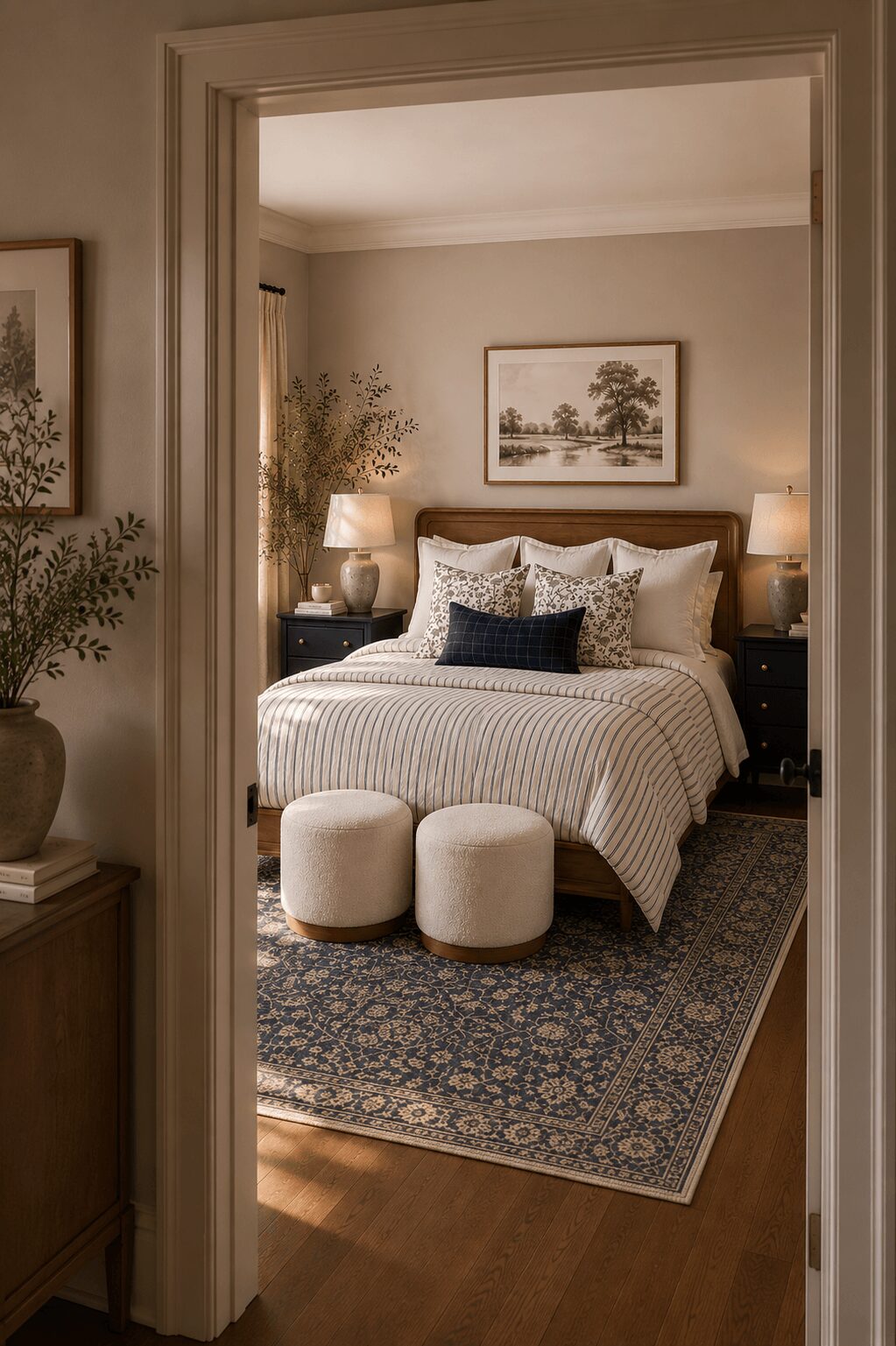 Bedroom with bed, two ottomans, framed picture, lamps, and plants, viewed through doorway, with patterned rug and wooden floor.