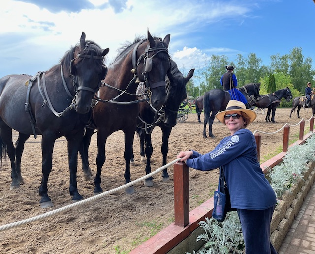 Woman wearing sunglasses and a hat stands near a wooden fence with horses behind her outdoors on a sunny day.