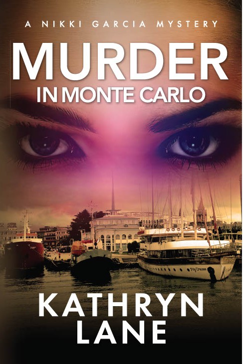 Book cover with a harbor scene and a woman's eyes above, titled 'Murder in Monte Carlo' by Kathryn Lane.