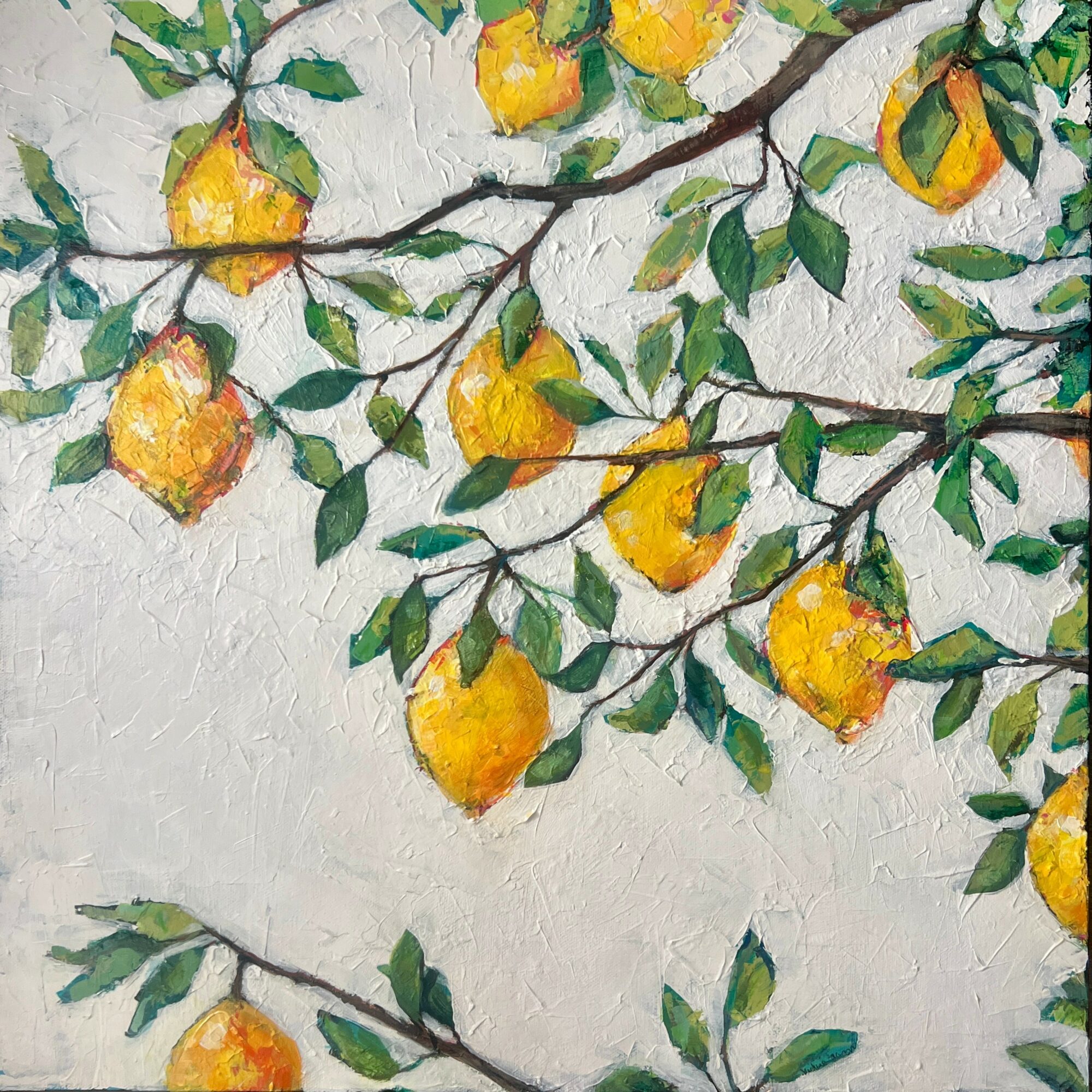 Painting of lemon tree branches with yellow lemons and green leaves against a textured white background.