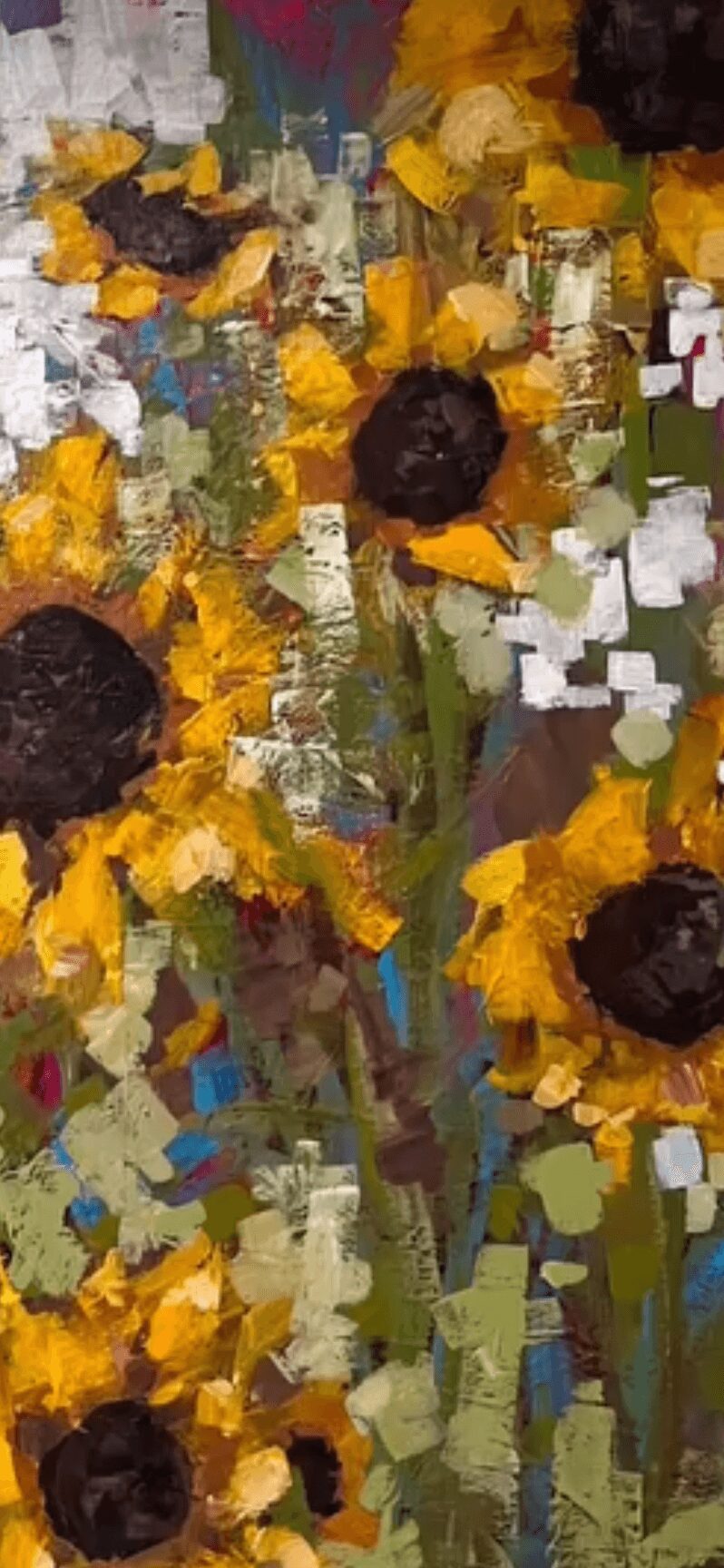 Sunflowers with dark centers and yellow petals in a colorful, impressionistic style painting.