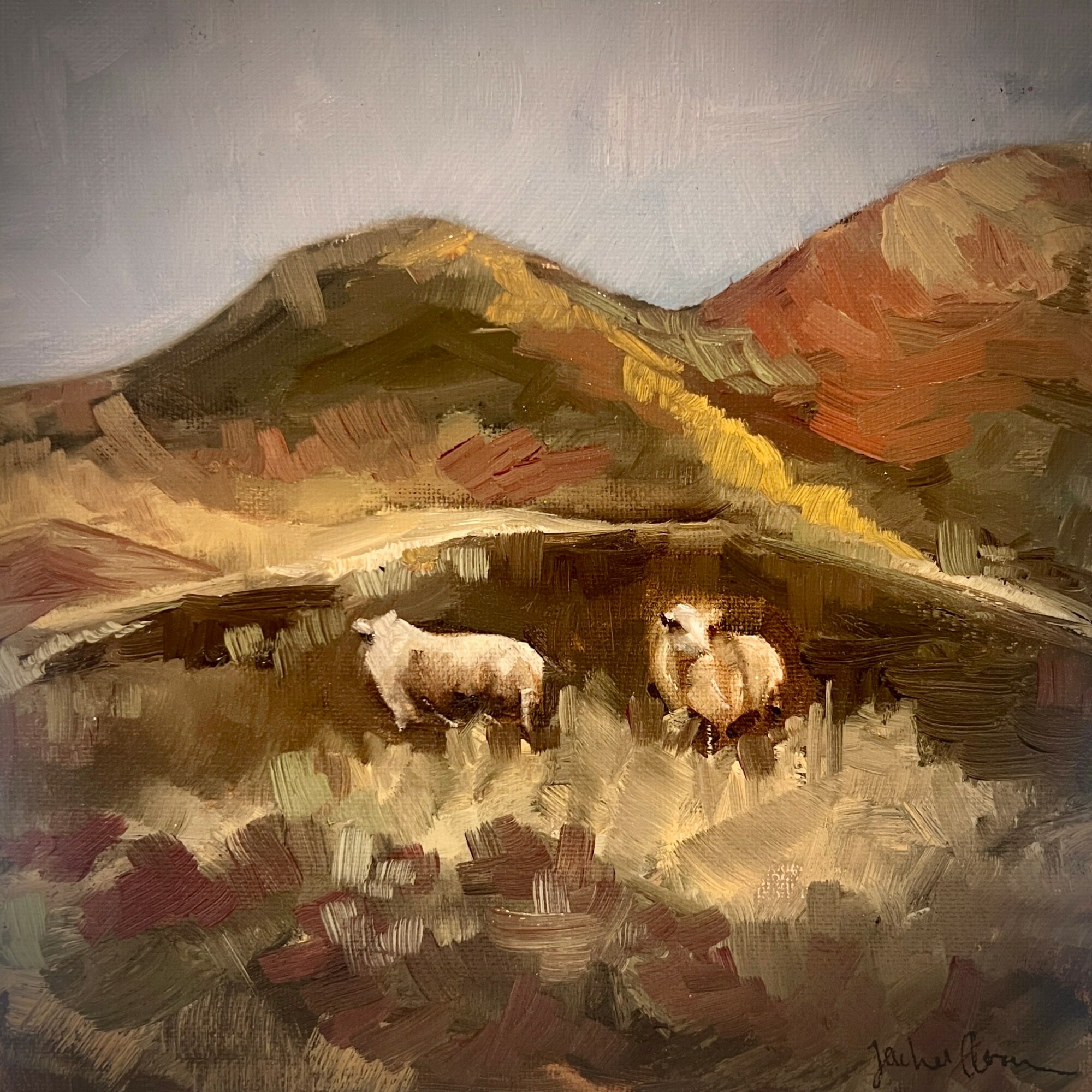 Landscape with hills and two dogs standing on grassy terrain, painted in an impressionistic style.