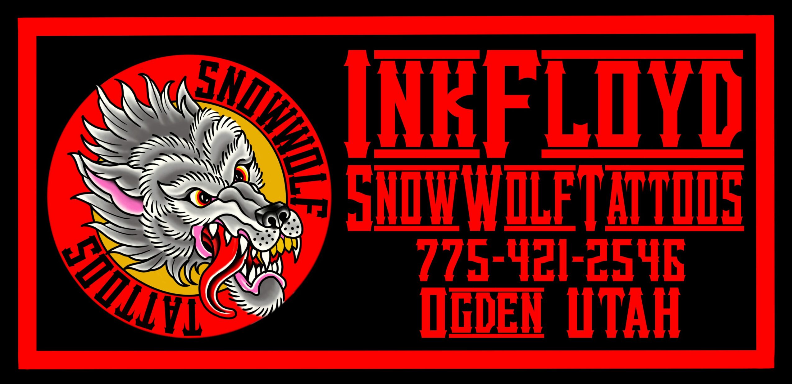 Logo with a snarling wolf's head and text for Ink Floyd Snow Wolf Tattoos in Ogden Utah, red and black colors.