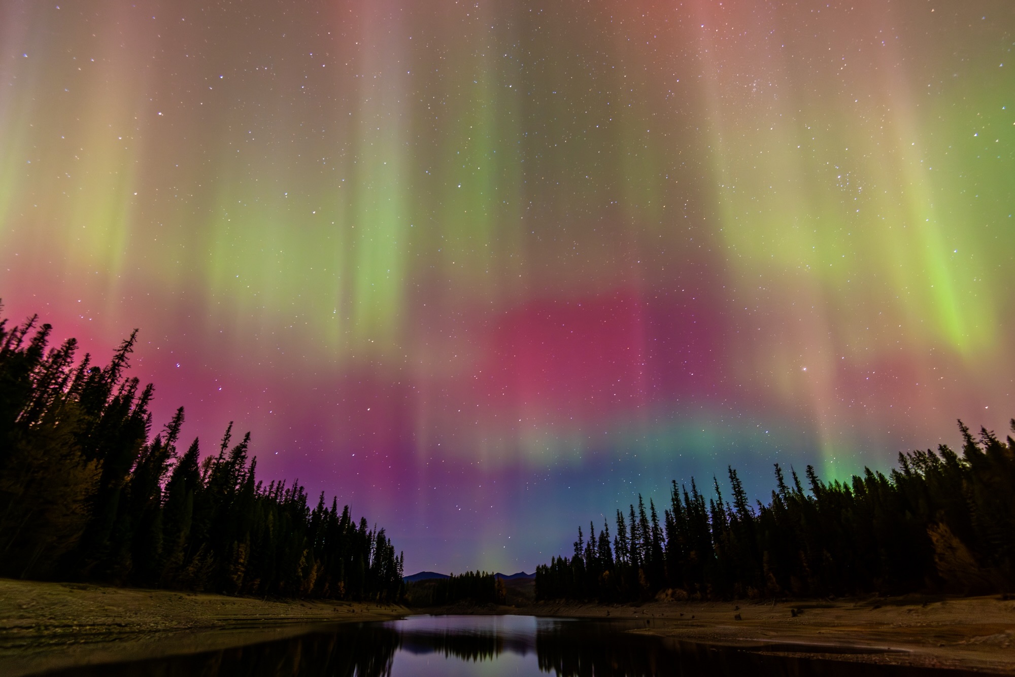 Northern lights display colorful green, pink, and purple streaks in the night sky over a landscape with trees and a river.