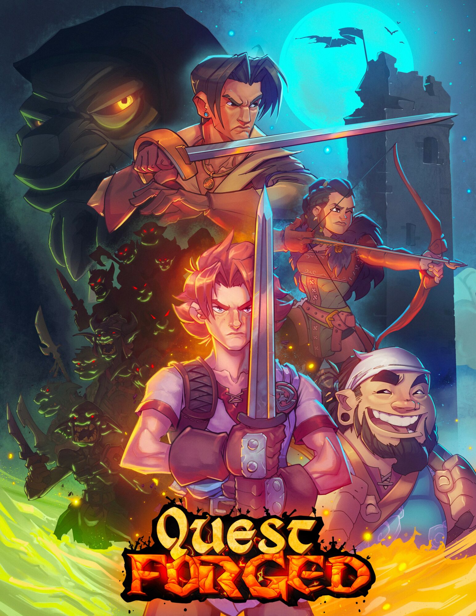 Fantasy characters with weapons and a castle under a full moon, vibrant colors, and a dark, mystical background.