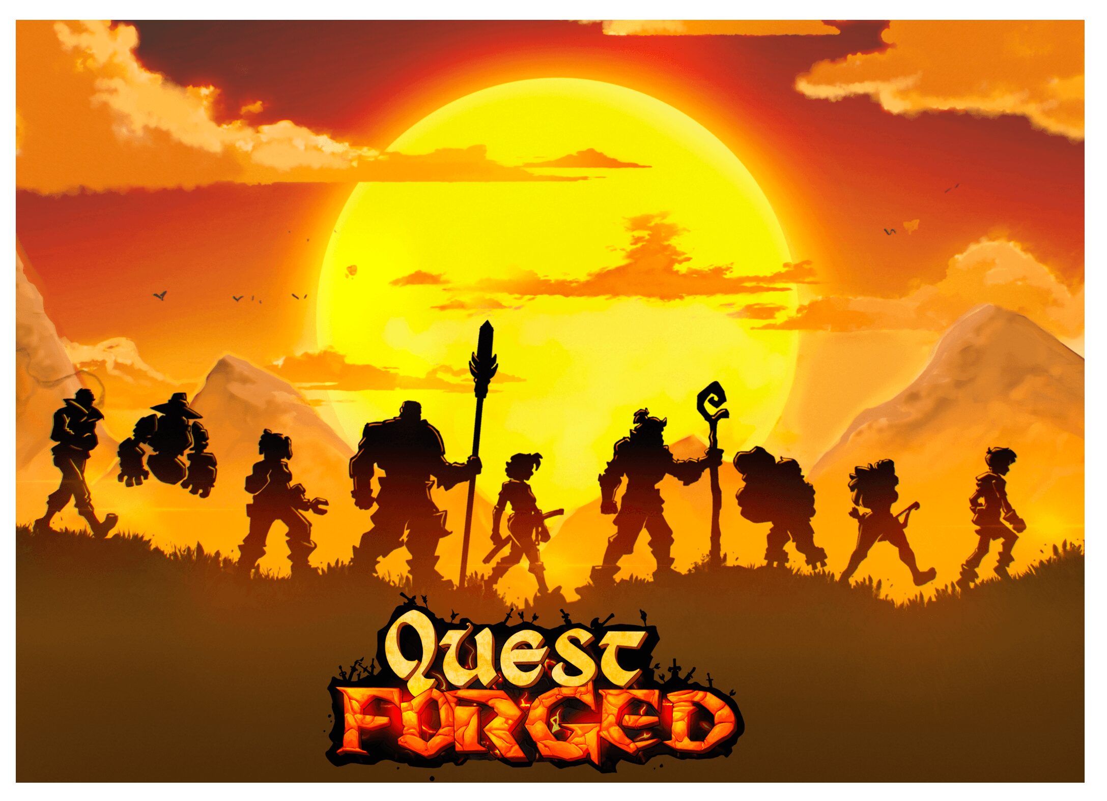 Silhouettes of various characters against a sunset with a large sun and mountains, with the title 'Quest Forged' at the bottom.