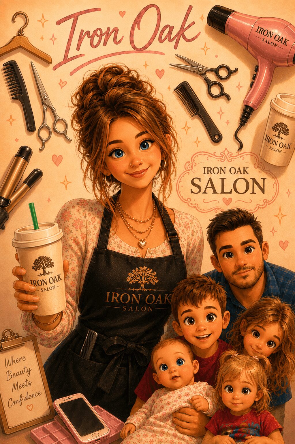 Woman with curly hair holding a drink, surrounded by children and salon tools, promoting Iron Oak Salon.