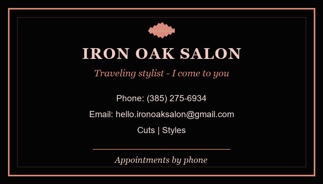 Black business card for Iron Oak Salon with pink text, includes contact info and services, and a tree logo.