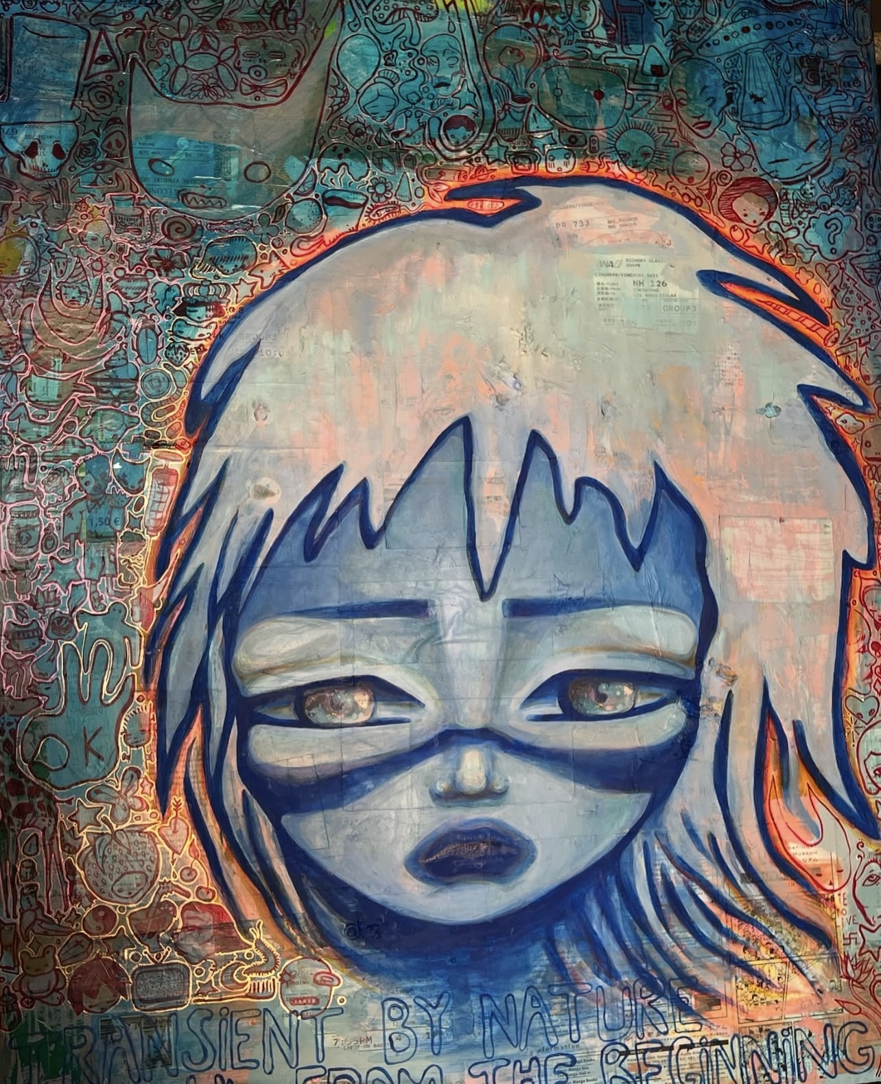 A stylized portrait of a girl with large eyes and long hair, painted in shades of blue and white, with a colorful abstract background.