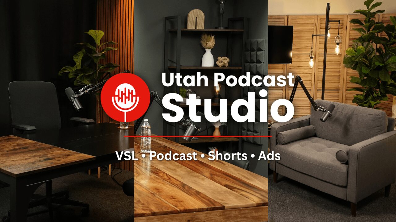 Podcast studio with a gray sofa, plants, and a wooden floor, featuring a logo and text for Utah Podcast Studio.