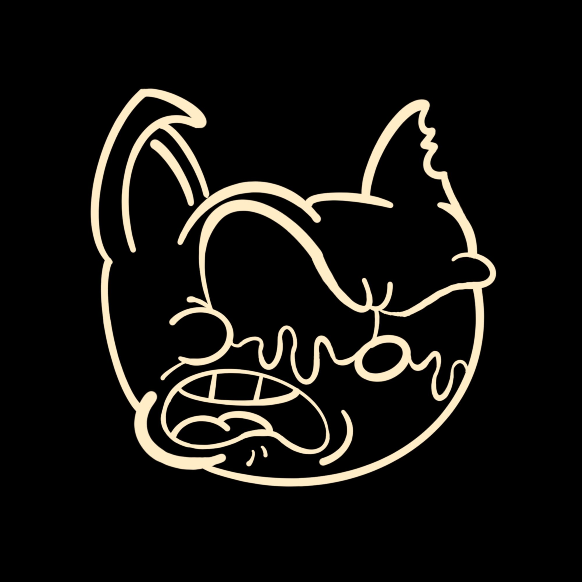 Line drawing of a dog's face with exaggerated features on a black background.