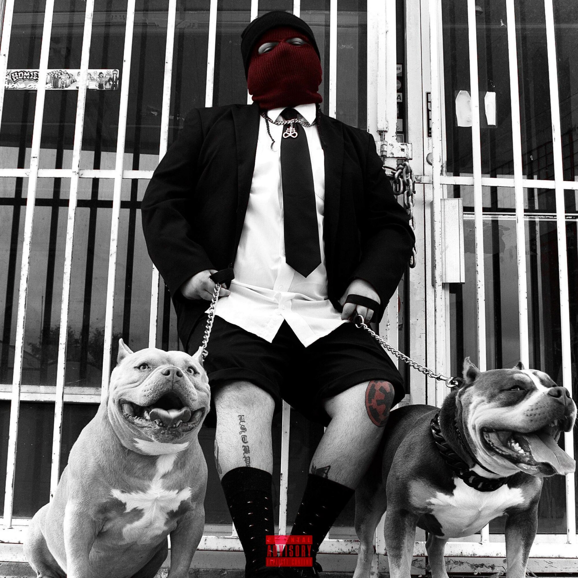 Person with face covered, dressed in black suit, sitting with two dogs in front of a metal gate.
